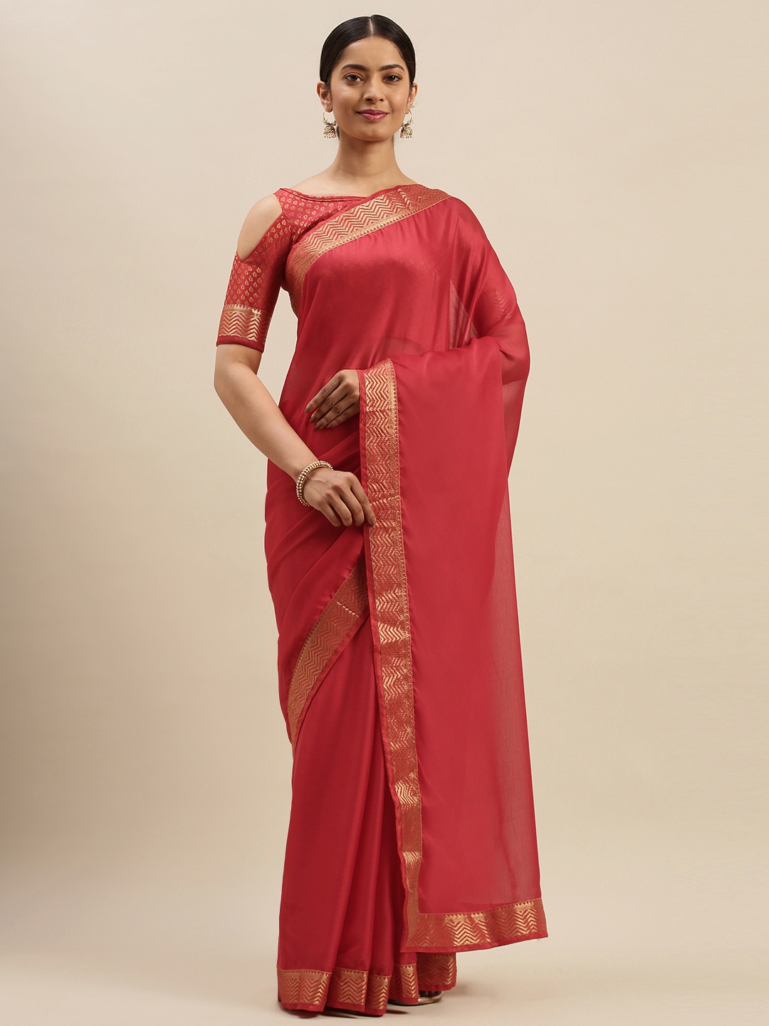 

Mitera Red & Gold-Toned Solid Saree