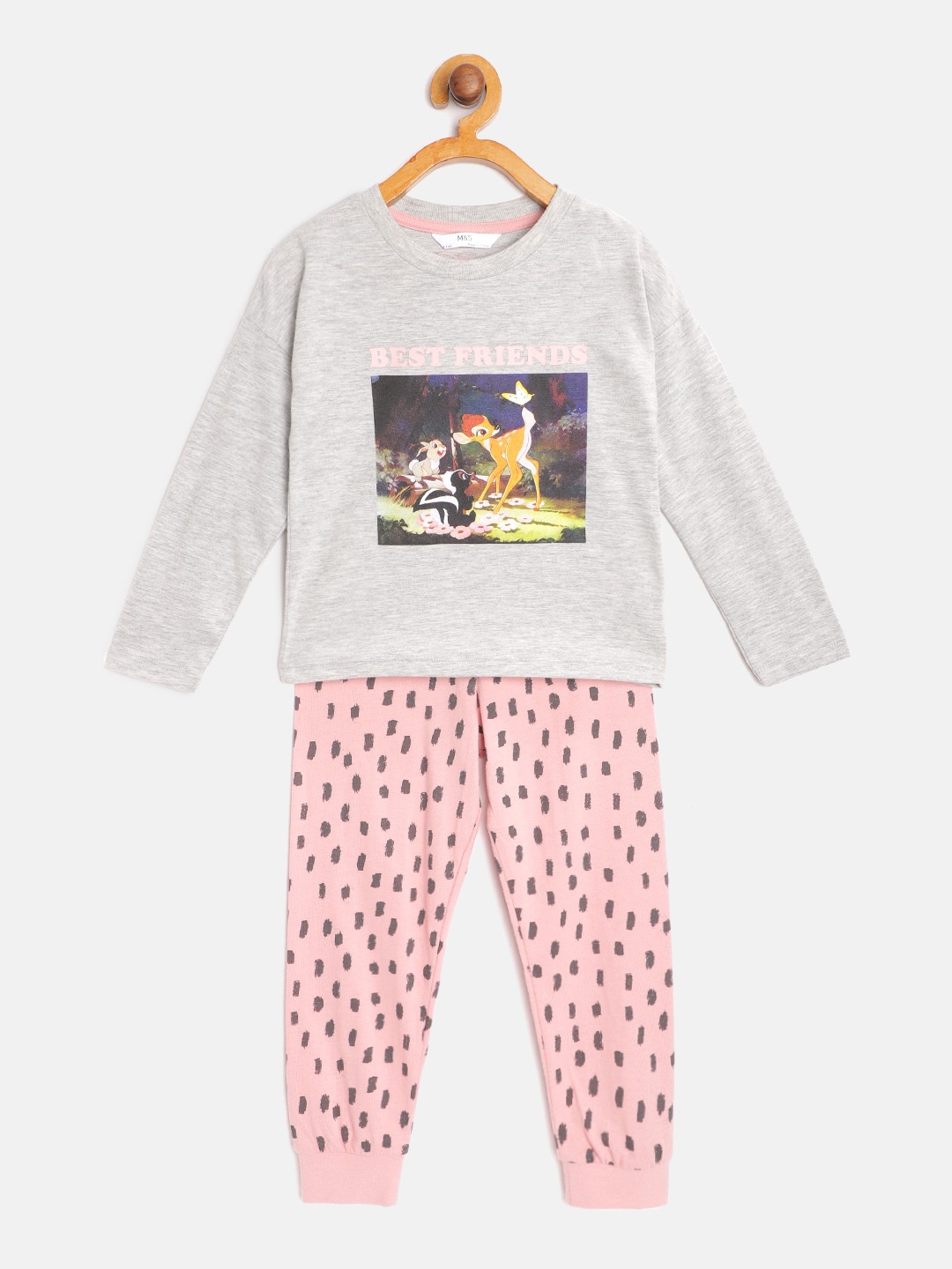 

Marks & Spencer Girls Grey Melange & Pink Bambi Printed Night Suit