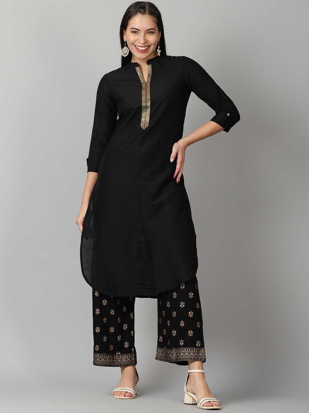 

Saffron Threads Women Black Thread Work Band Collar Roll-Up Sleeves Pathani Kurta
