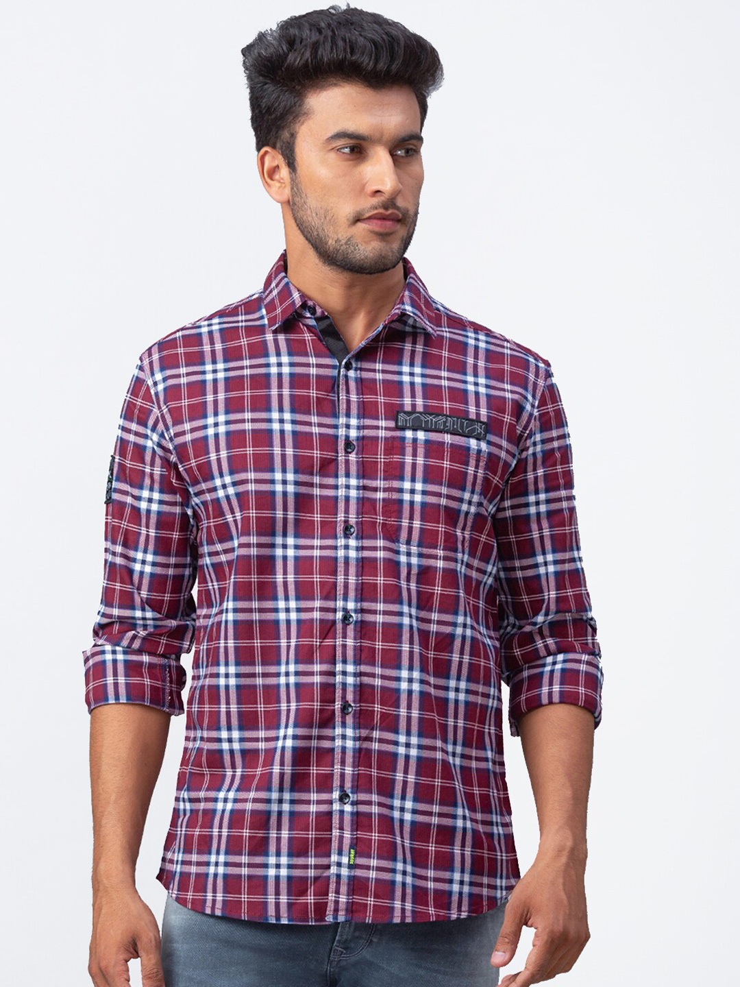 

SPYKAR Men Red & Blue Slim Fit Checked Casual Shirt