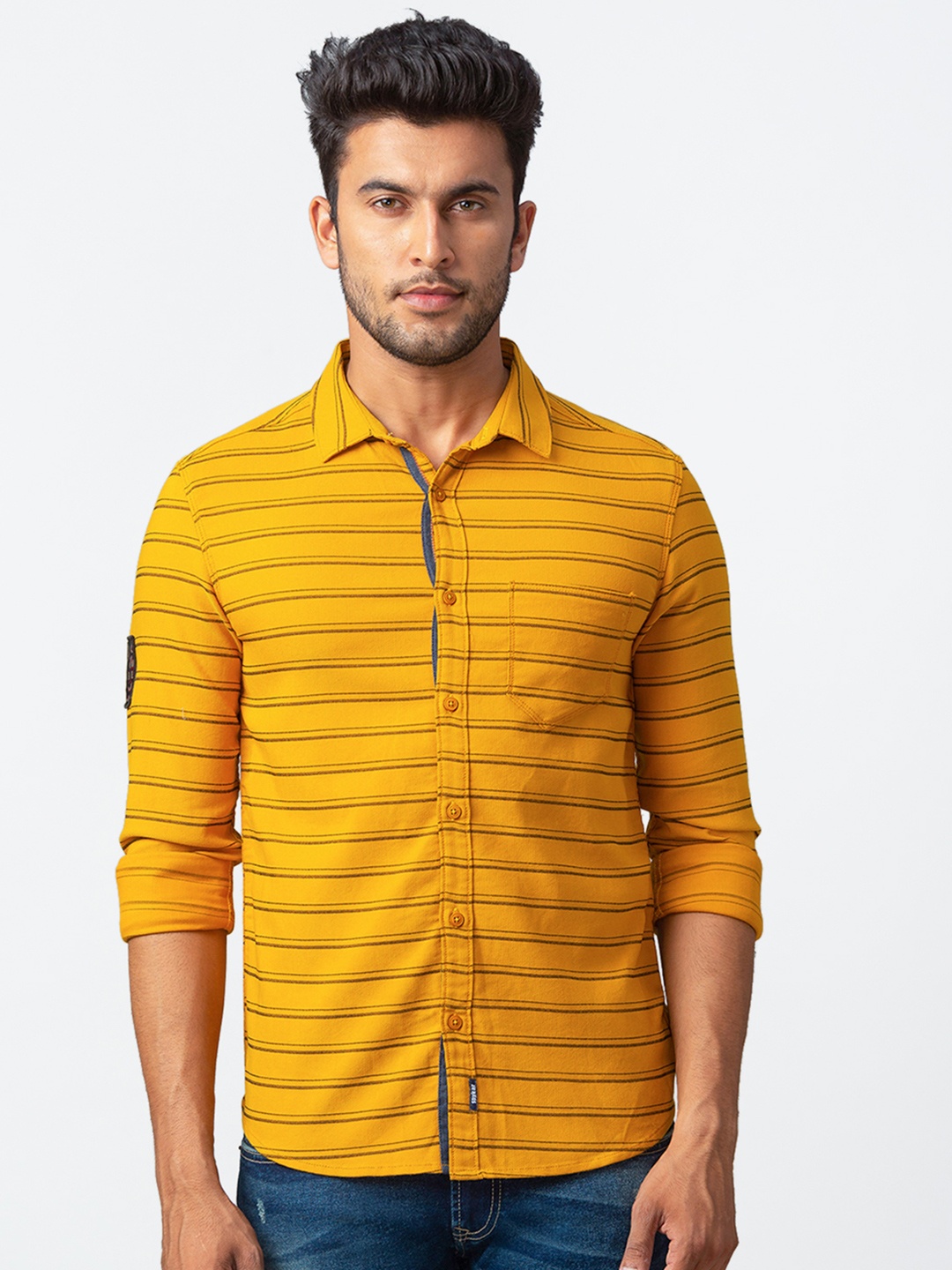 

SPYKAR Men Striped Slim Fit Comfort Cotton Casual Shirt, Yellow