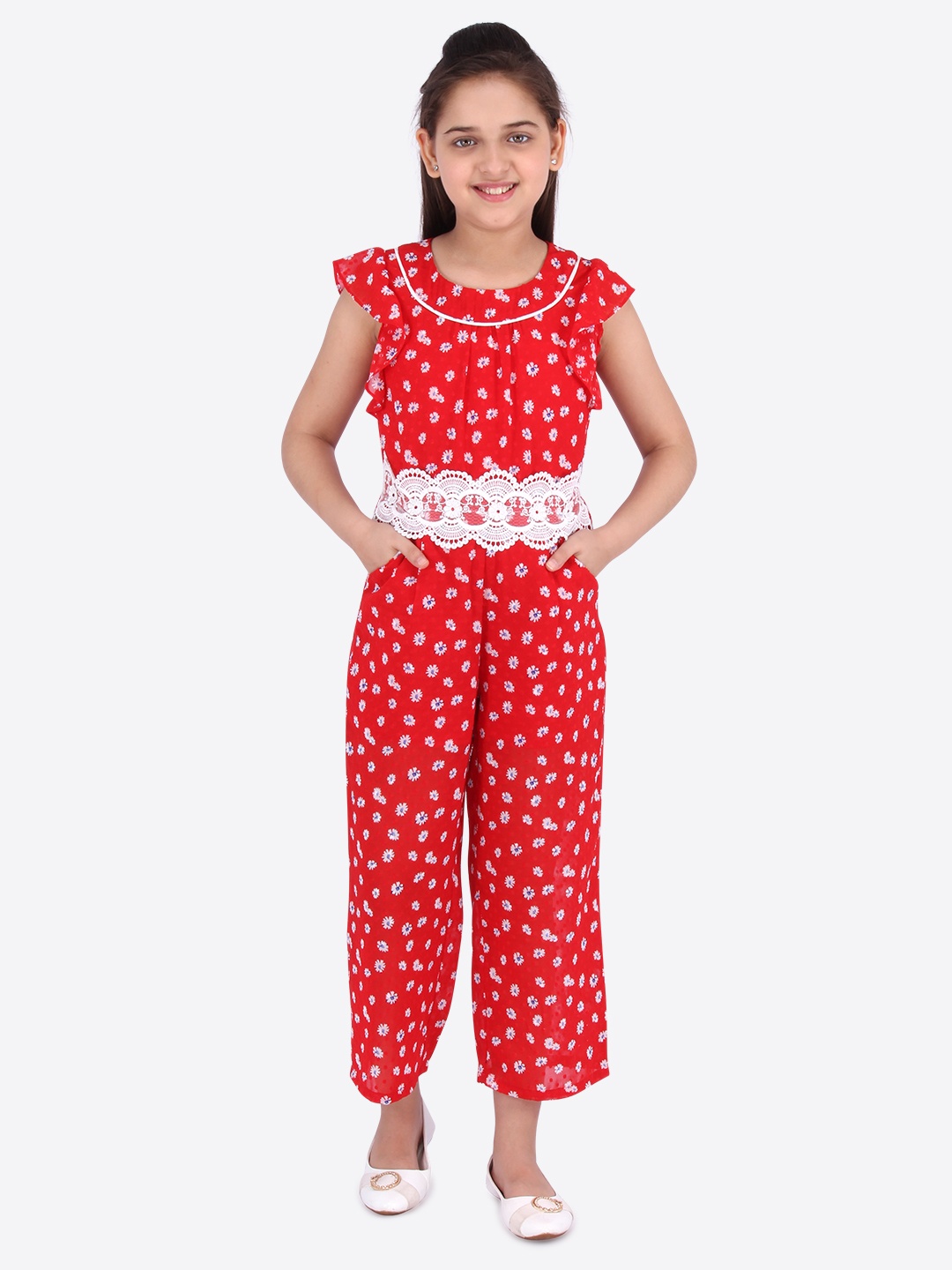 

CUTECUMBER Girls Red & White Printed Culotte Jumpsuit