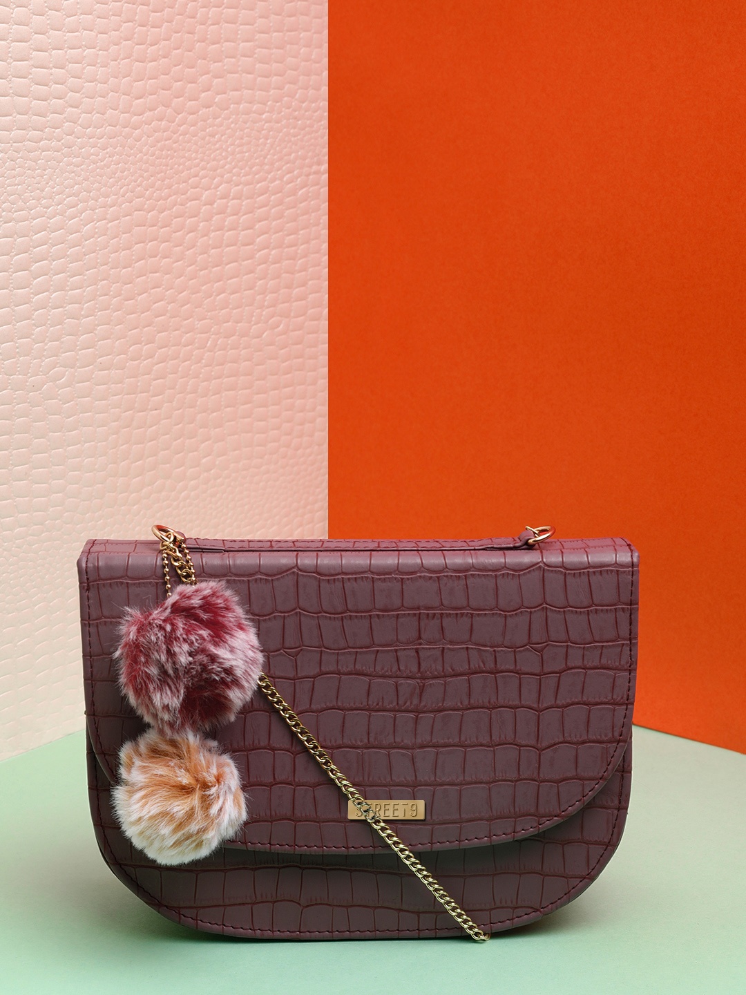 

STREET 9 Mauve & Gold-Toned Textured Tasselled Envelope Clutch