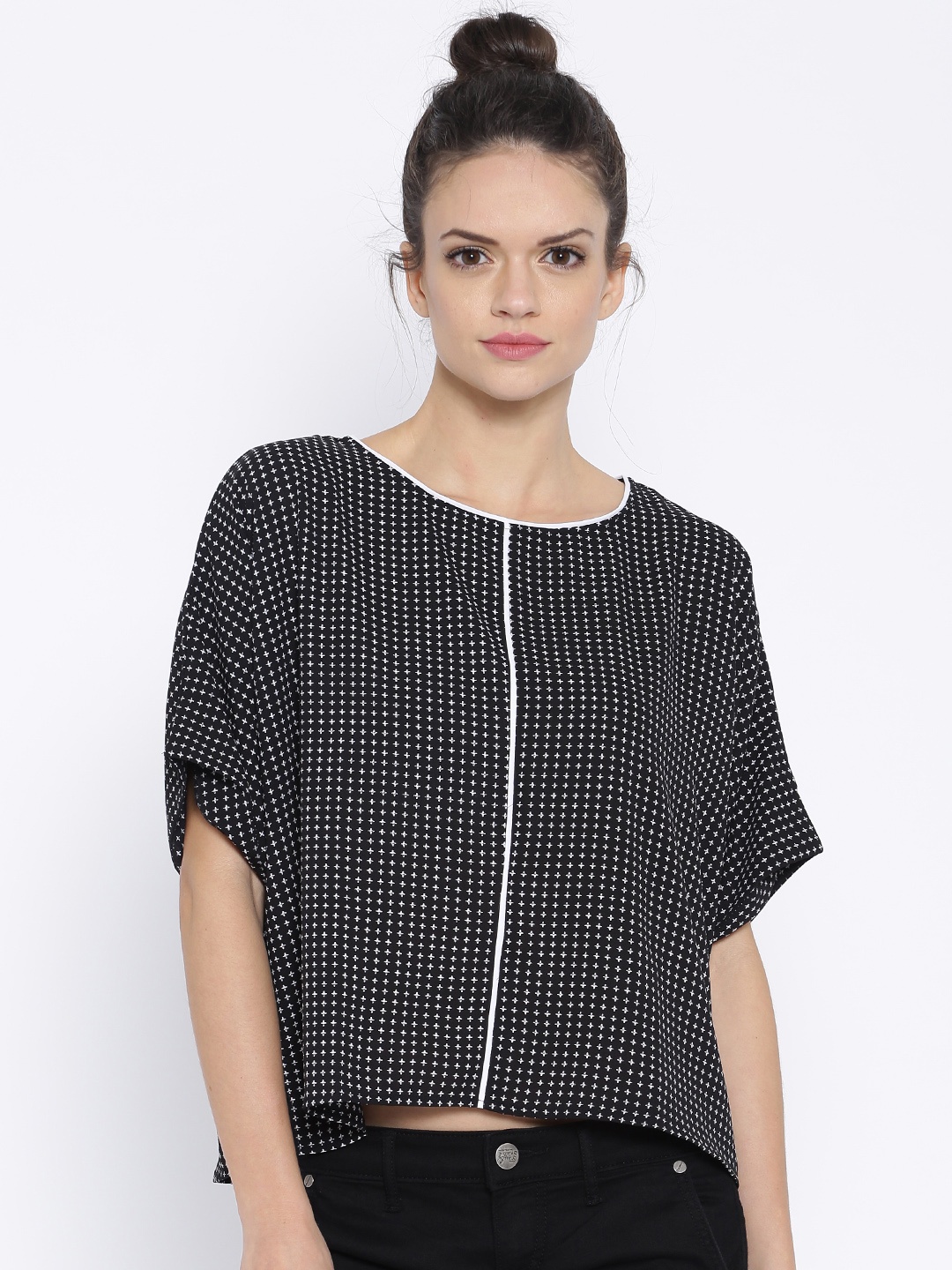 

Tokyo Talkies Black Printed Polyester Boxy Top