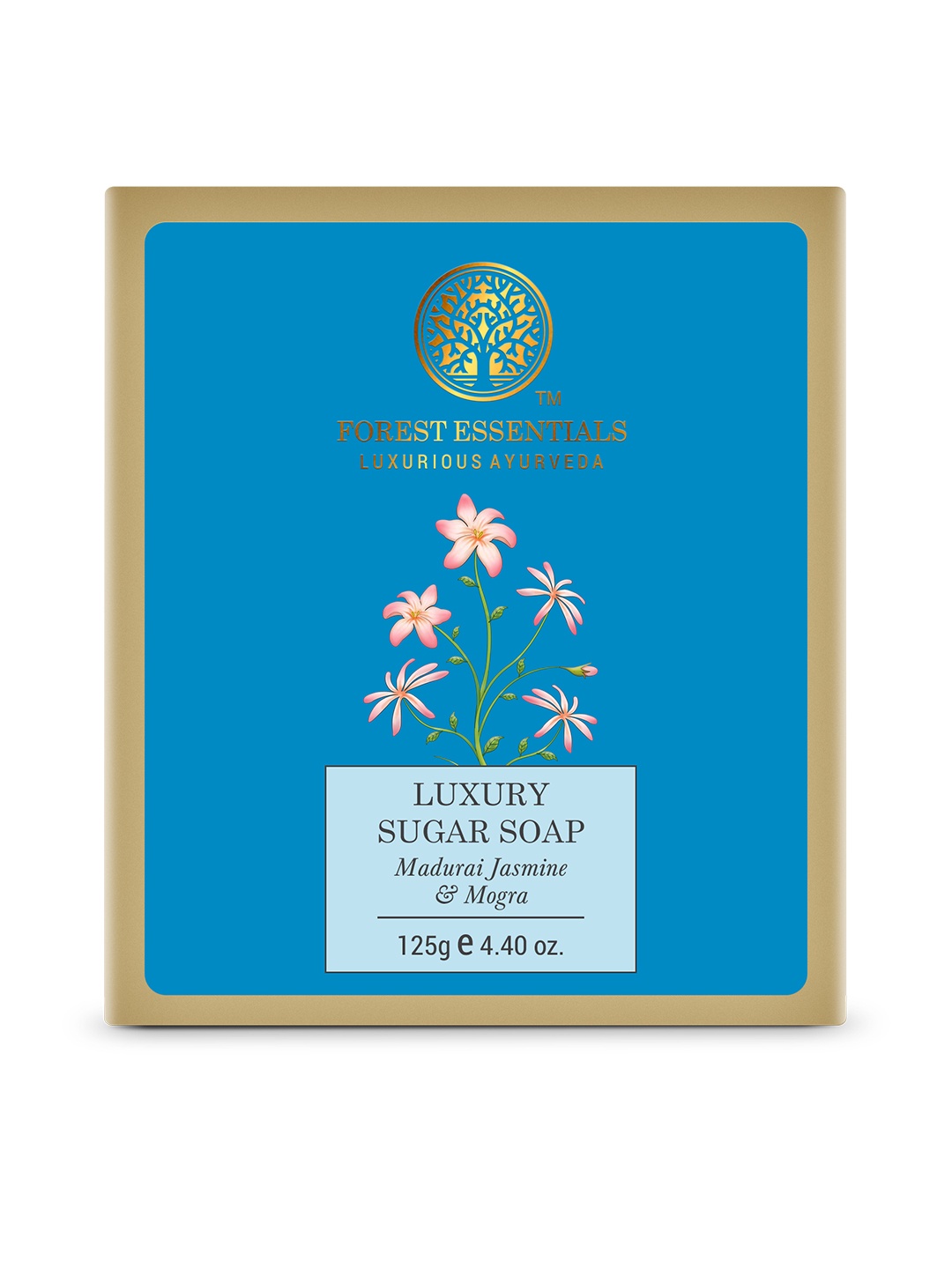 

Forest Essentials Ayurvedic Handmade Luxury Sugar Bath Soap Madurai Jasmine & Mogra 125 g, Blue
