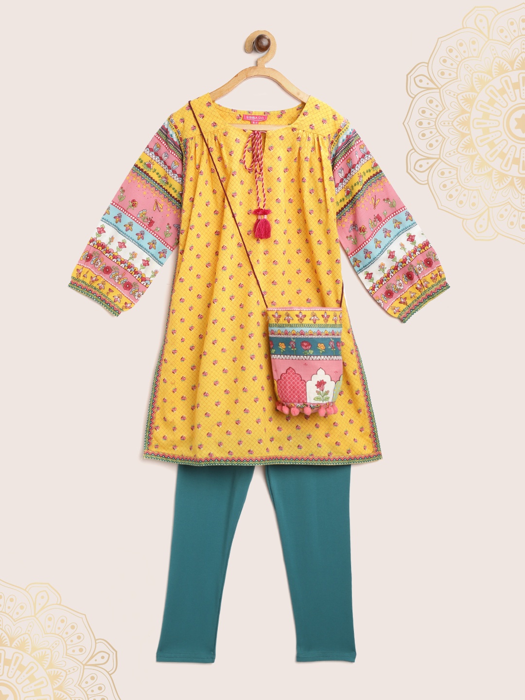 

Biba Girls Mustard Yellow & Green Floral Print Kurta with Churidar & Sling Bag