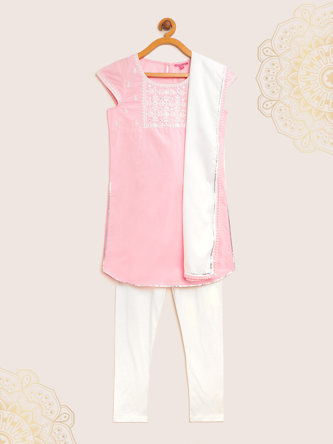 

Biba Girls Pink & White Pure Cotton Embroidered Kurta with Churidar & Dupatta