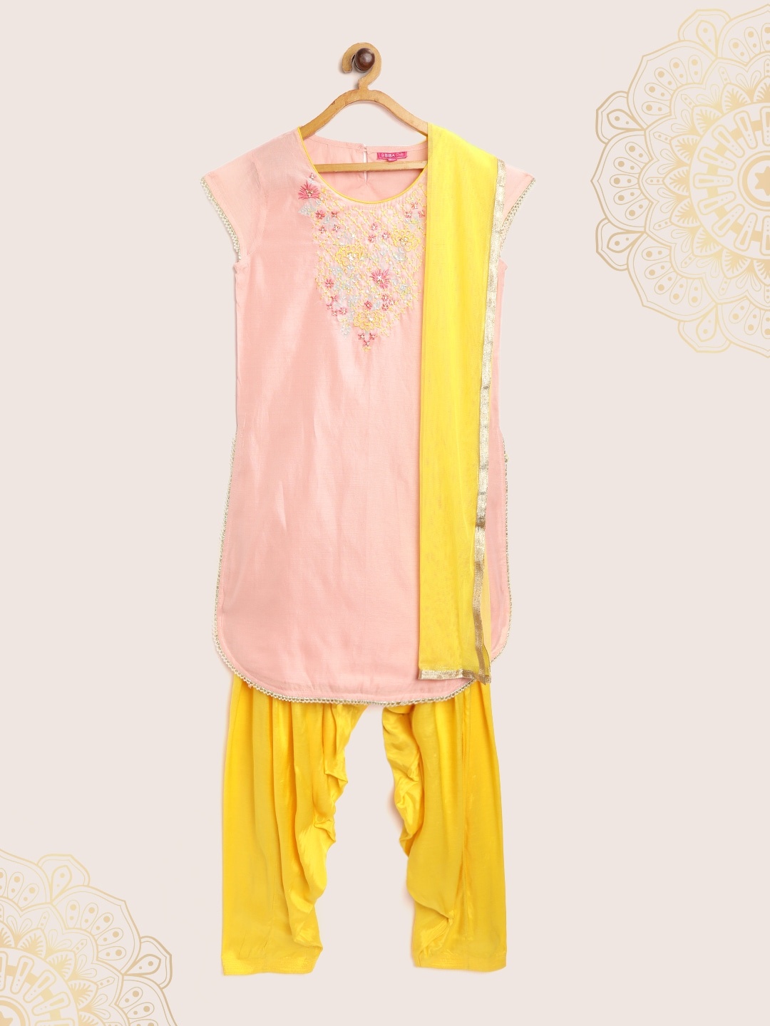 

Biba Girls Peach-Coloured & Yellow Floral Yoke Embroidery Kurta with Salwar & Dupatta