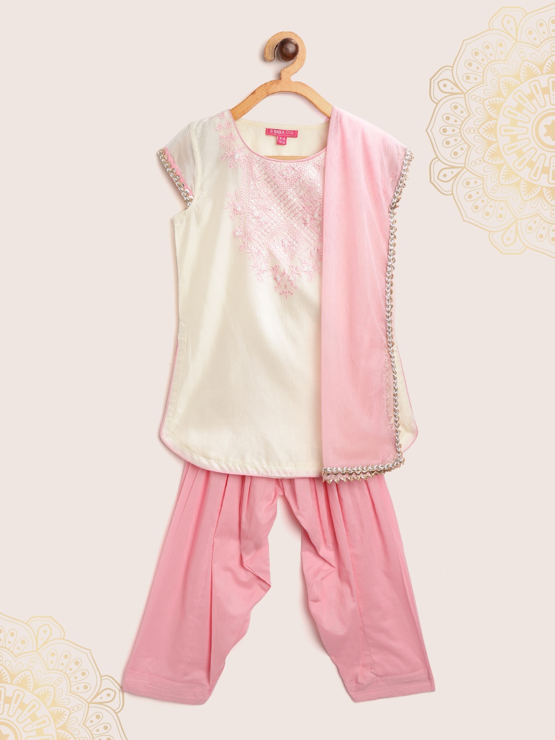 

Biba Girls Cream-Coloured & Pink Yoke Design Embroidered Kurta with Salwar & Dupatta