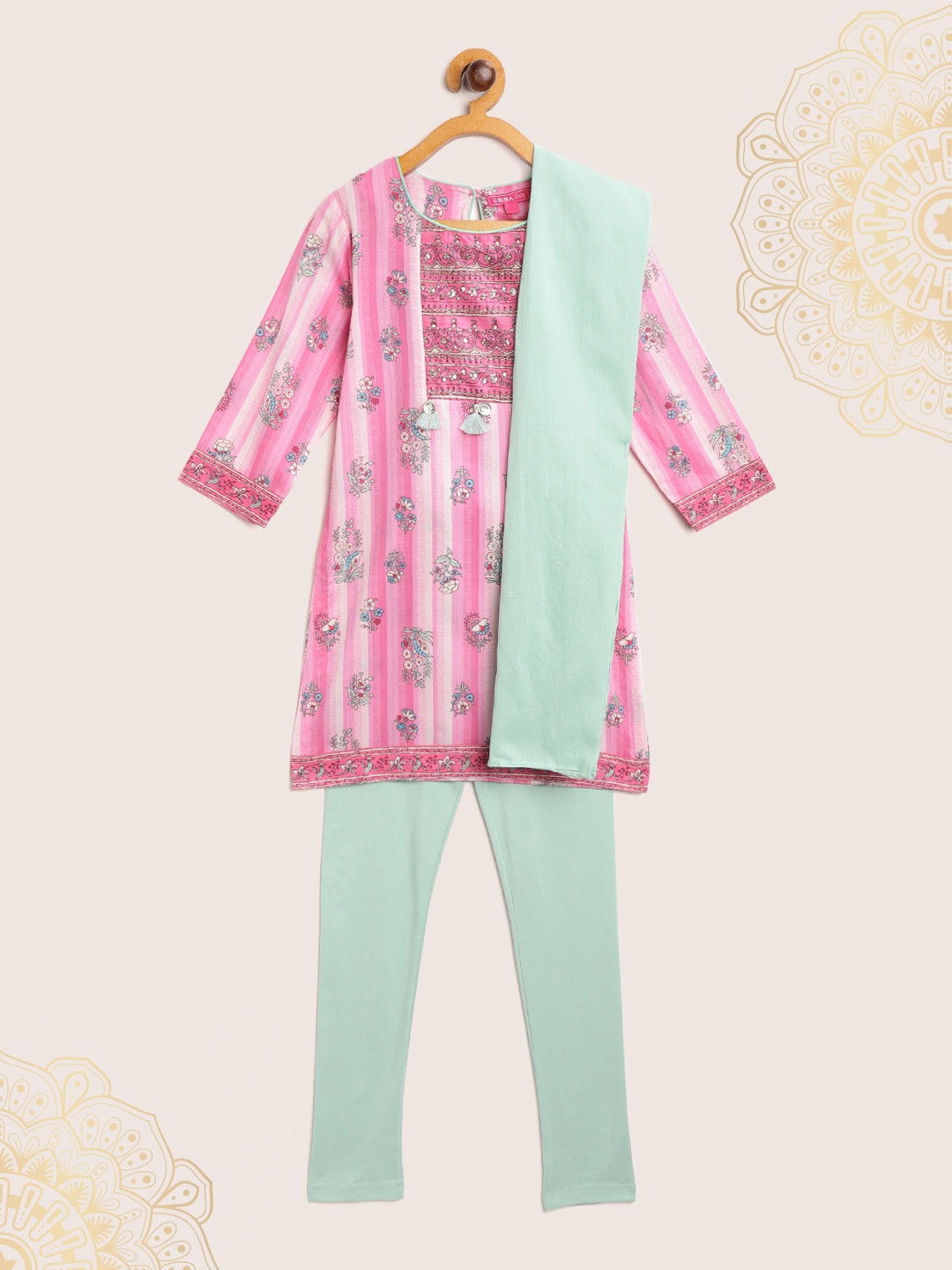 

Biba Girls Pink & Green Striped & Floral Print Kurta with Churidar & Dupatta