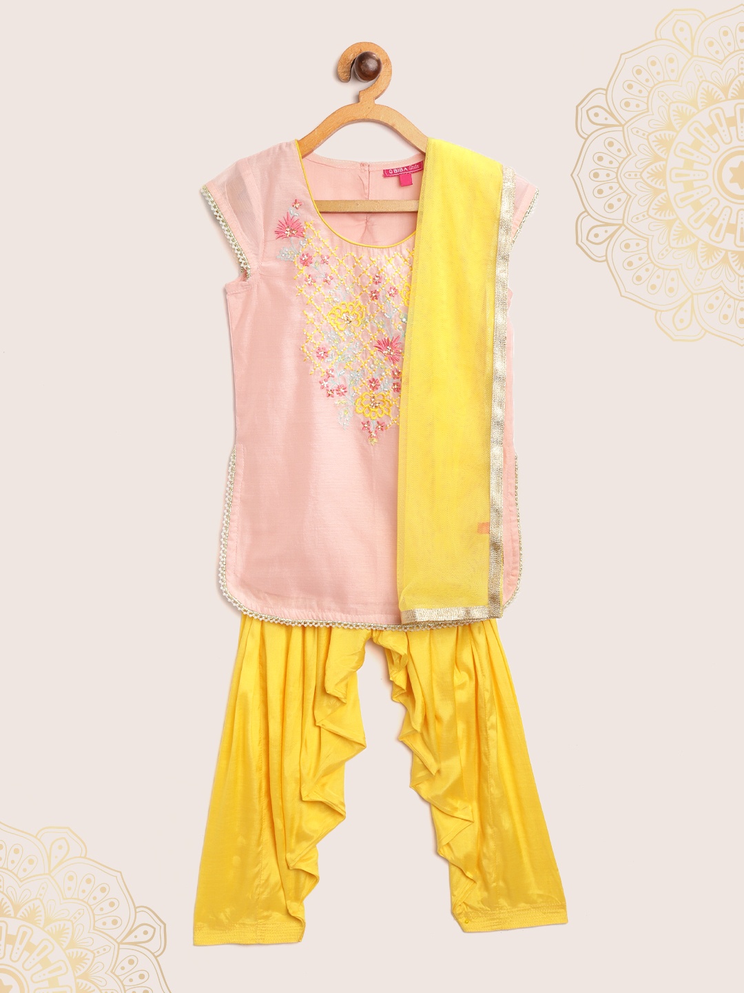 

Biba Girls Peach-Coloured & Yellow Floral Yoke Embroidery Kurta with Salwar & Dupatta