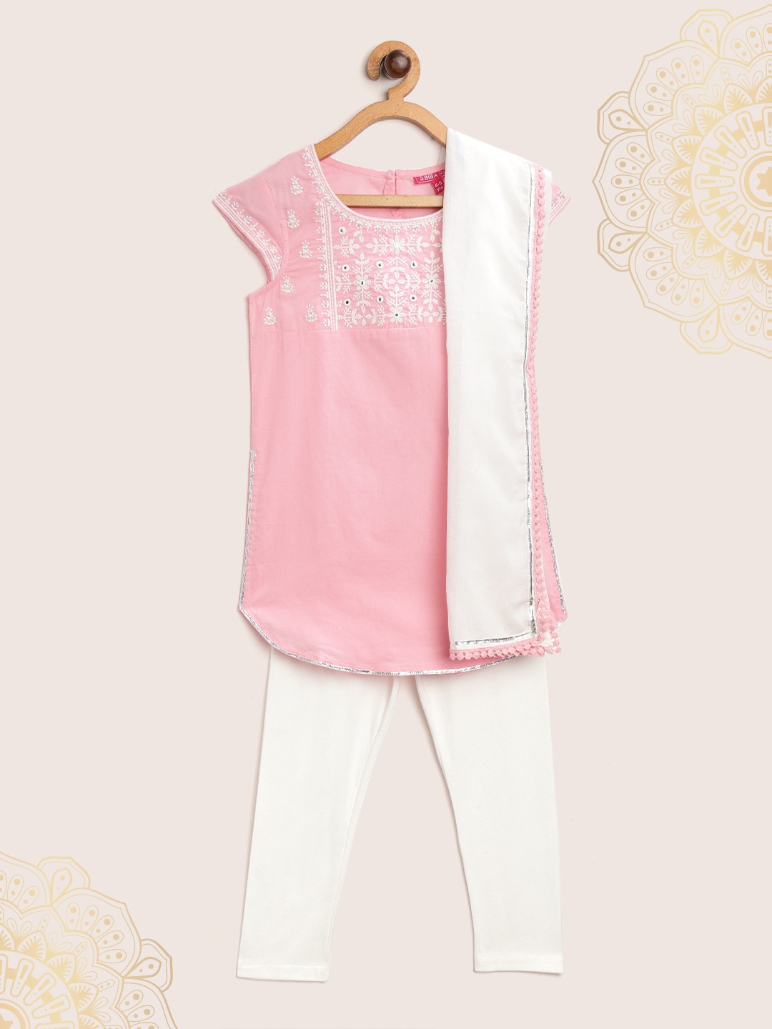 

Biba Girls Pink & White Embroidered Kurta with Churidar & Dupatta