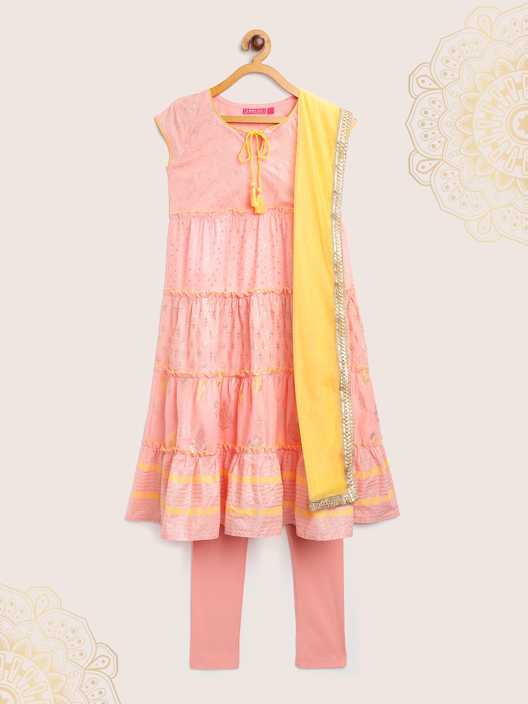 

Biba Girls Peach-Coloured & Mustard Yellow Printed Anarkali Kurta with Leggings & Dupatta