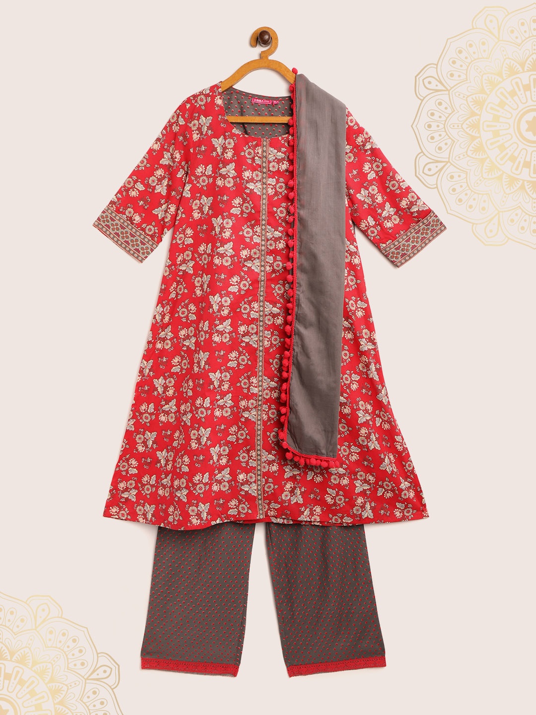 

Biba Girls Red & Charcoal Grey Printed Pure Cotton Kurta with Palazzos & Dupatta