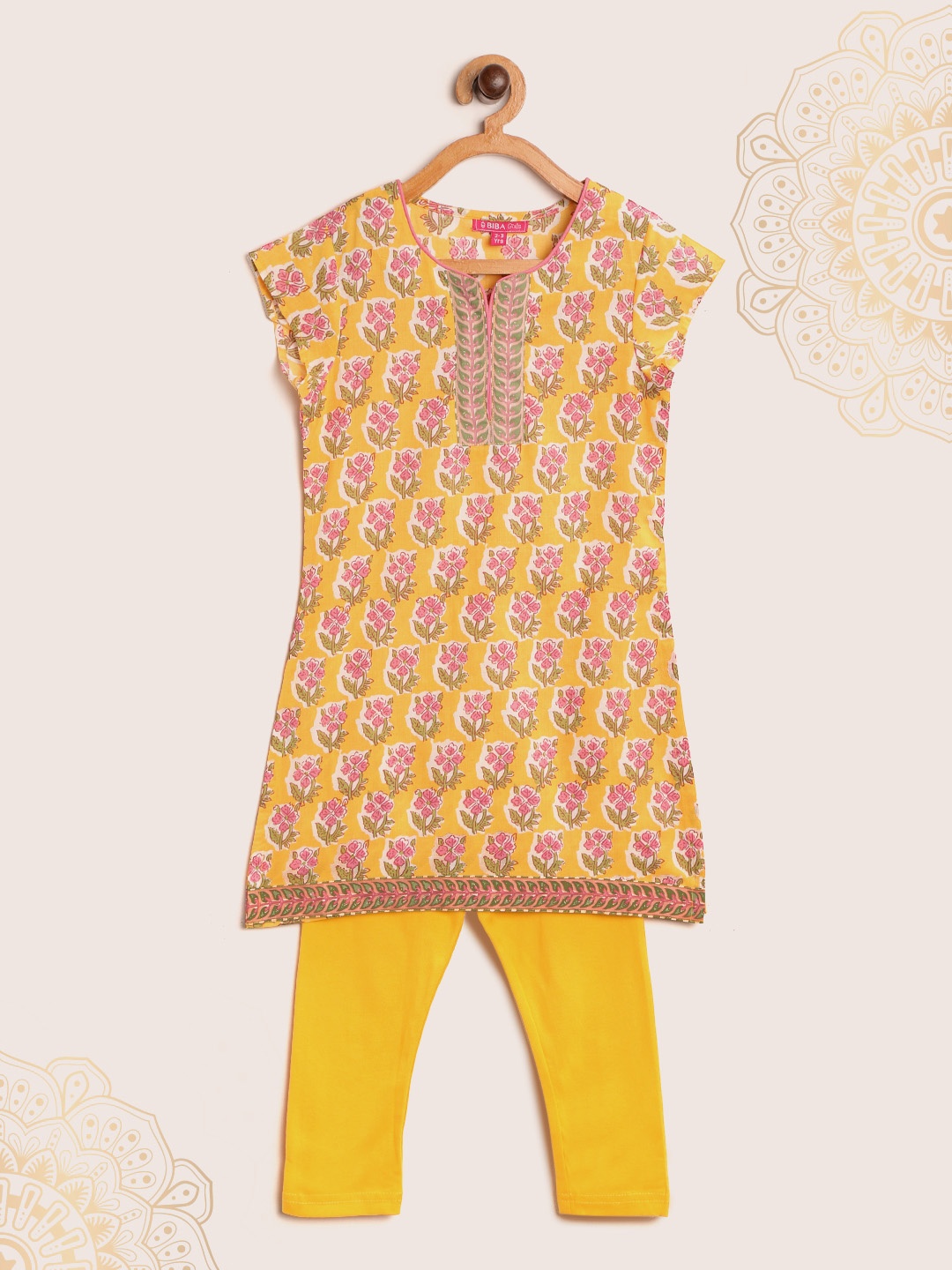 

Biba Girls Yellow & Pink Floral Print Kurta with Solid Churidar