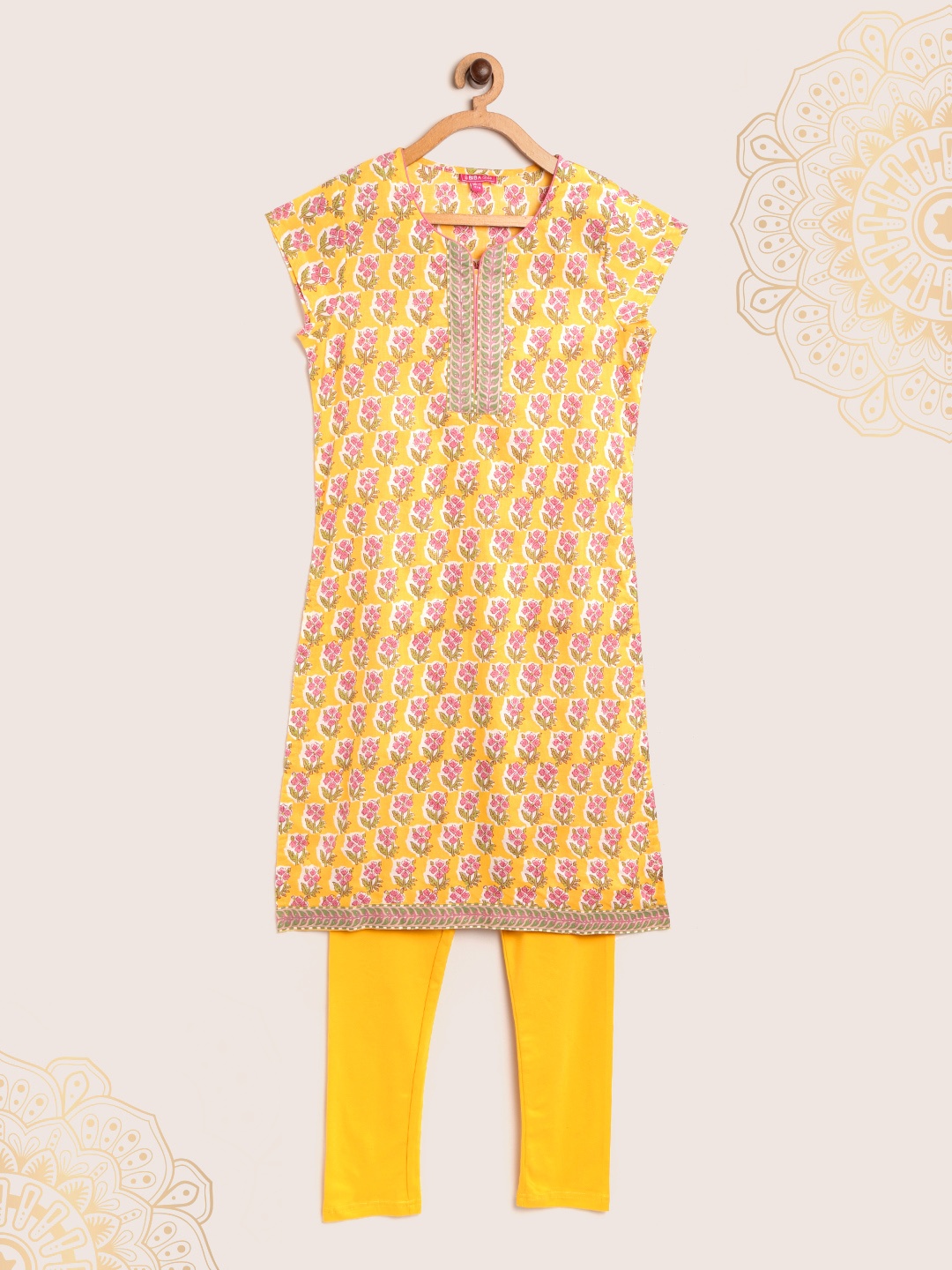 

Biba Girls Yellow & Pink Floral Print Kurta with Solid Churidar