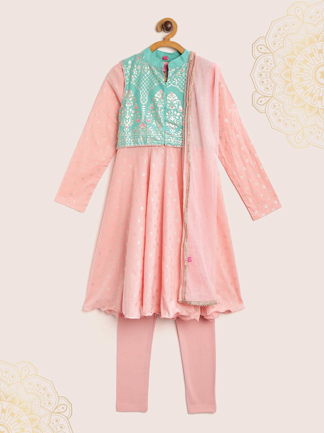 

Biba Girls Peach-Coloured & Sea Green Printed Anarkali Kurta Set with Ethnic Jacket