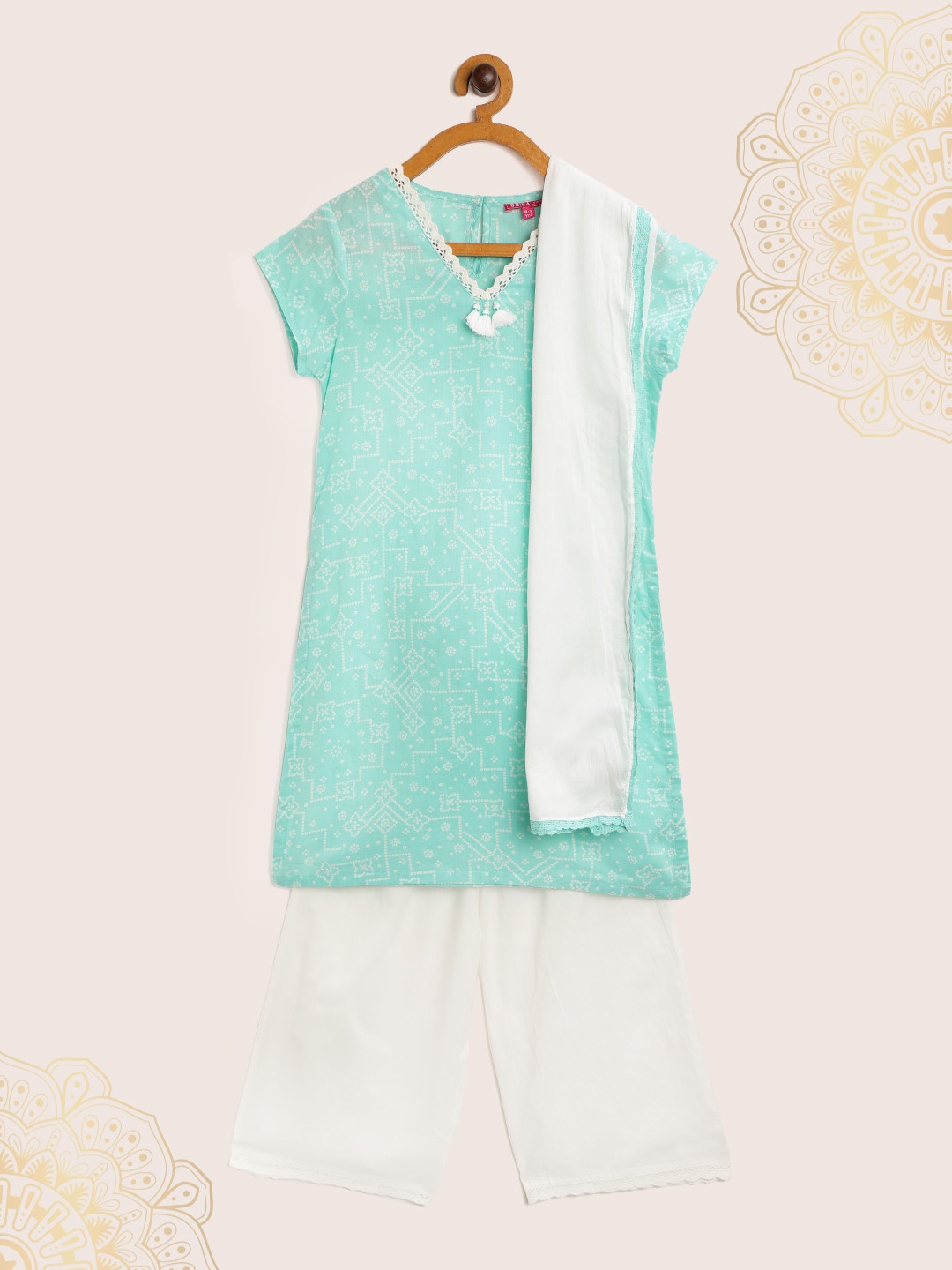 

Biba Girls Sea Green & White Bandhani Print Pure Cotton Kurta with Palazzos & Dupatta