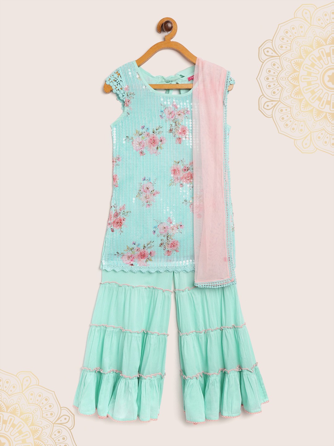 

Biba Girls Sea Green & Peach-Coloured Sequinned Kurti with Sharara & Dupatta