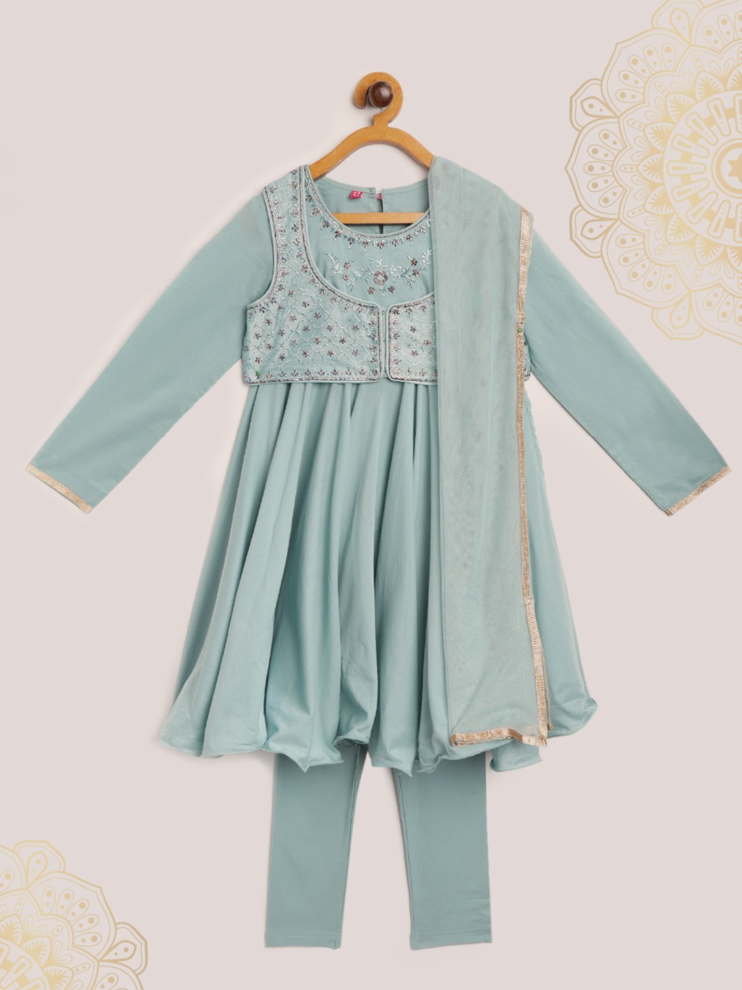 

Biba Girls Blue Embroidered Yoke Design Kurta Set with Dupatta & Ethnic Crop Jacket