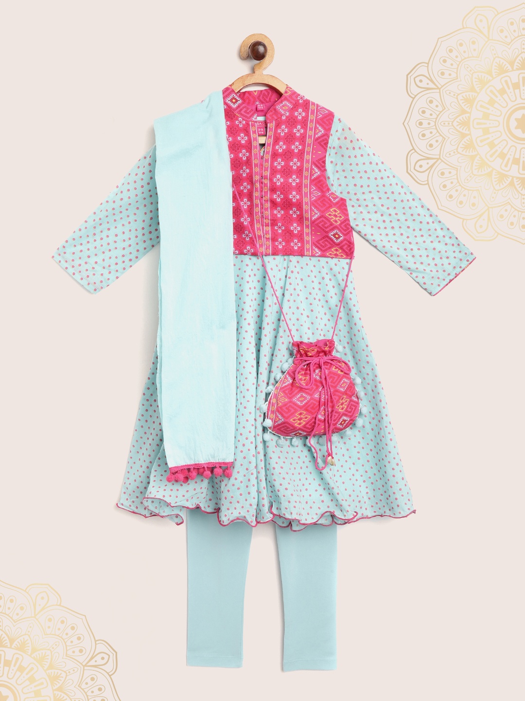 

Biba Girls Blue & Pink Printed Kurta Set & Dupatta with Potli Bag and Ethnic Jacket