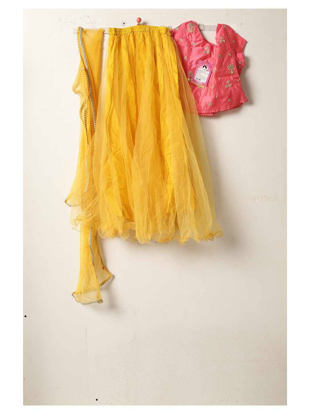 

Biba Girls Yellow & Pink Embroidered Ready to Wear Lehenga & Blouse with Dupatta