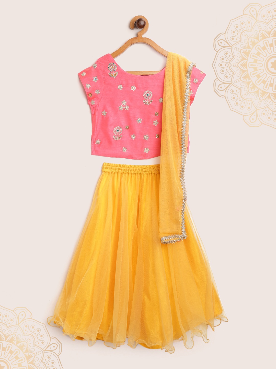 

Biba Girls Pink & Mustard Yellow Embroidered Ready to Wear Lehenga & Blouse with Dupatta