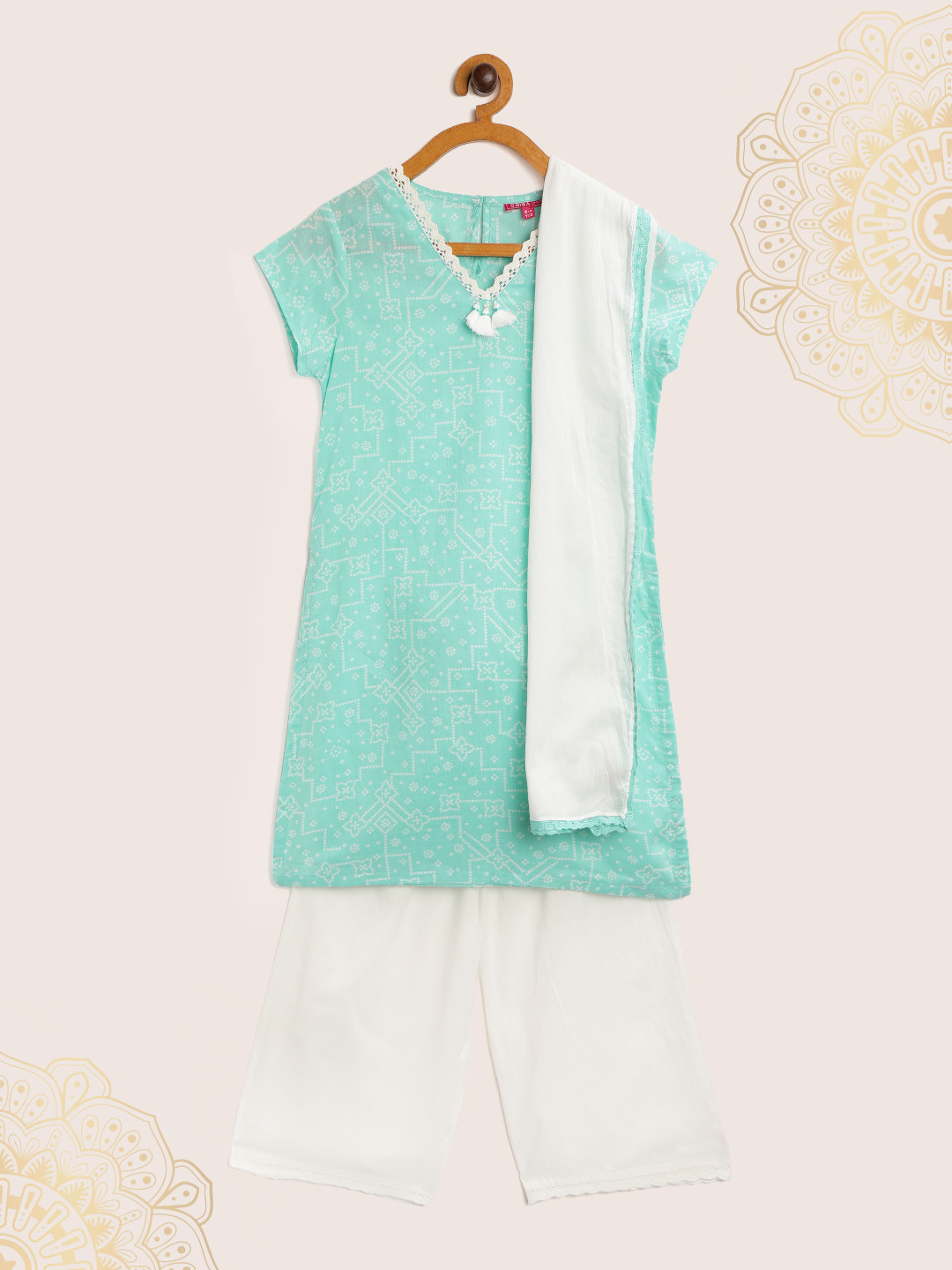 

Biba Girls Sea Green & White Pure Cotton Bandhani Print Kurta with Palazzos & Dupatta