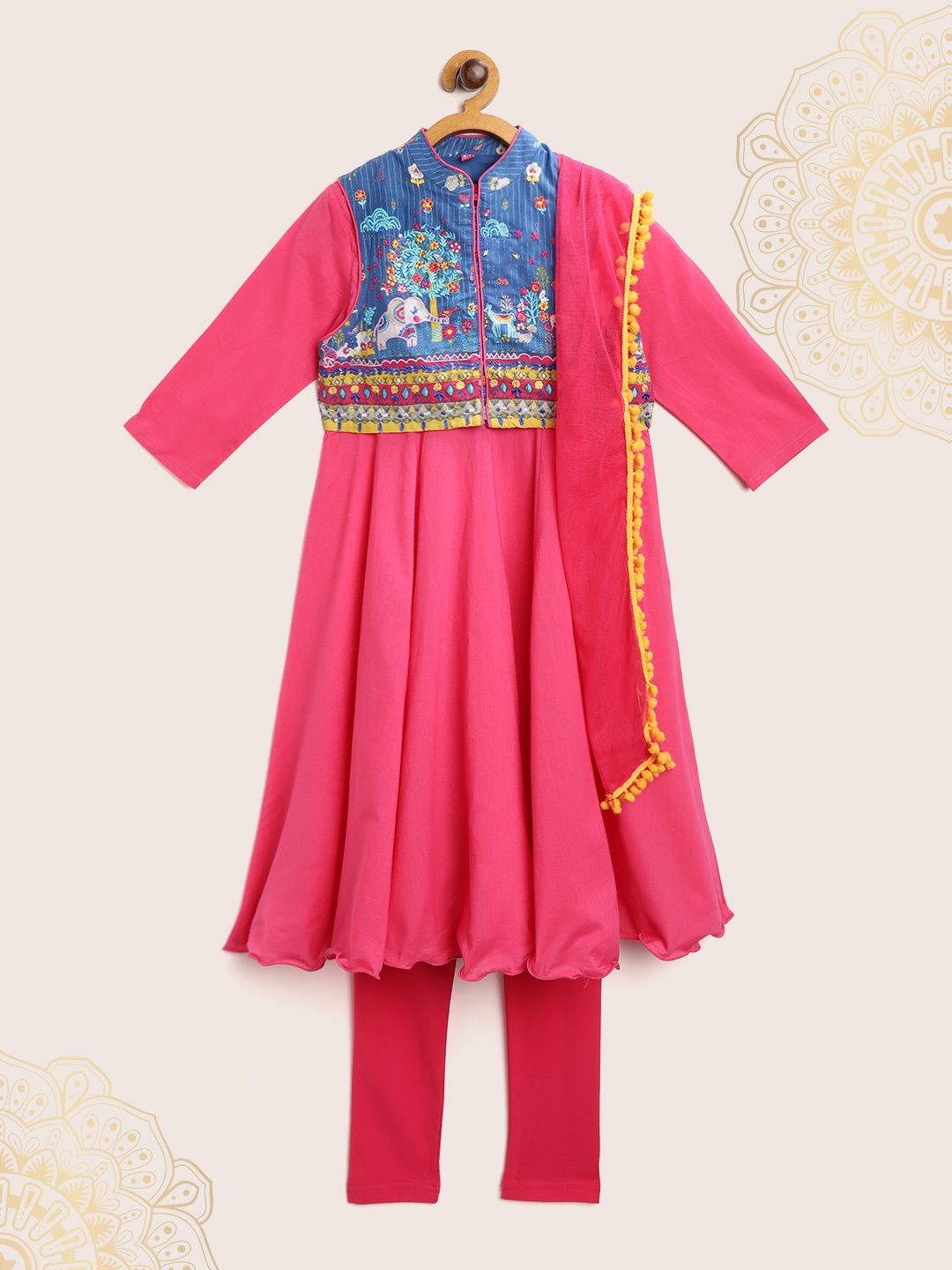 

Biba Girls Pink & Blue Solid Threadwork Detail Anarkali Kurta Set & Ethnic Jacket