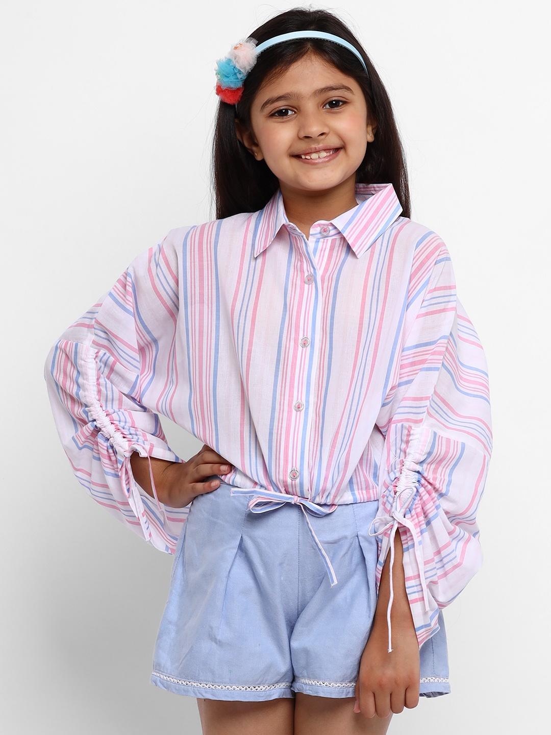 

Natilene Girls Off-White & Pink Striped Casual Shirt