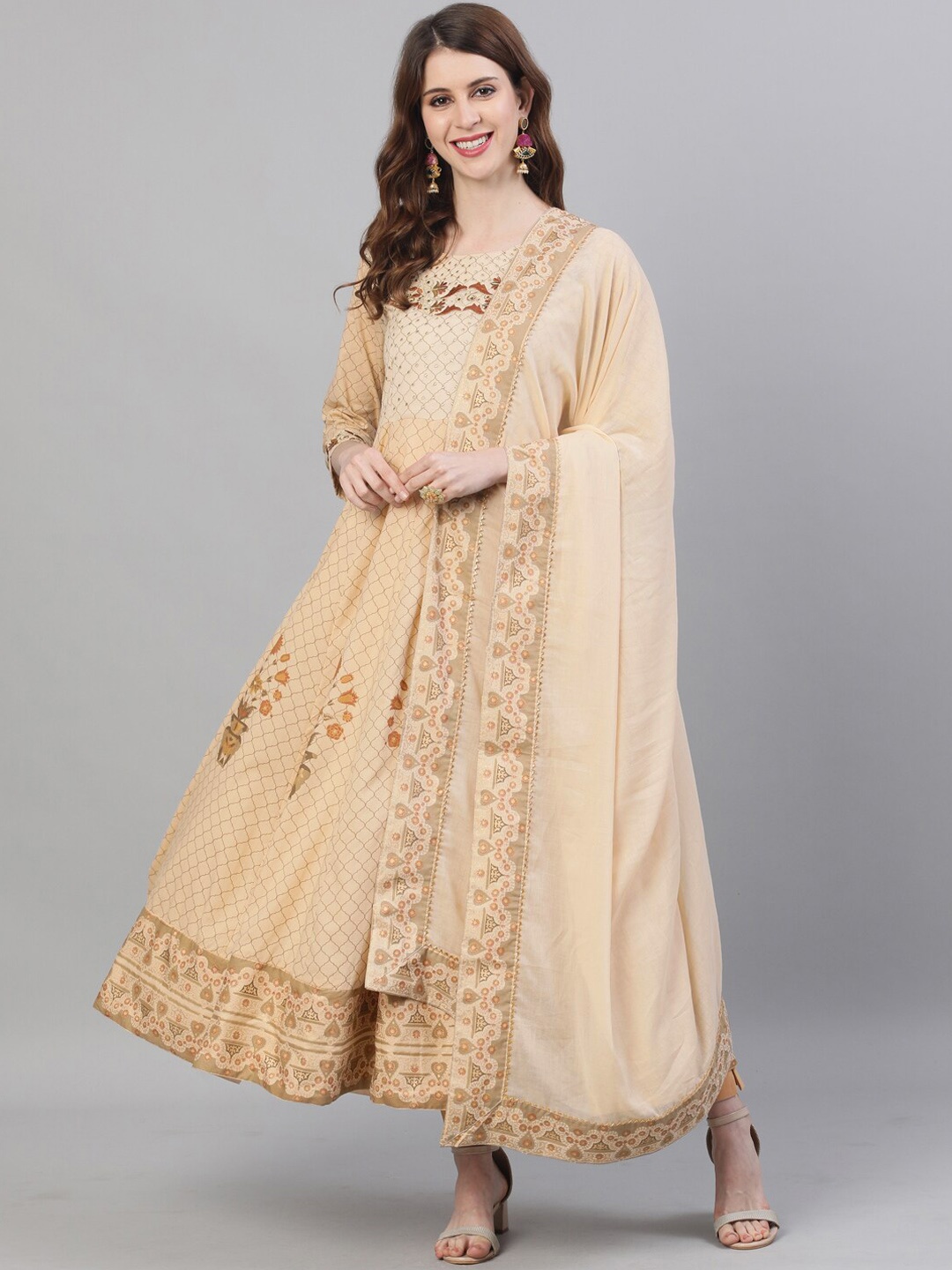 

Ishin Women Beige Ethnic Motifs Foil Embroidered Anarkali Kurta With Dupatta