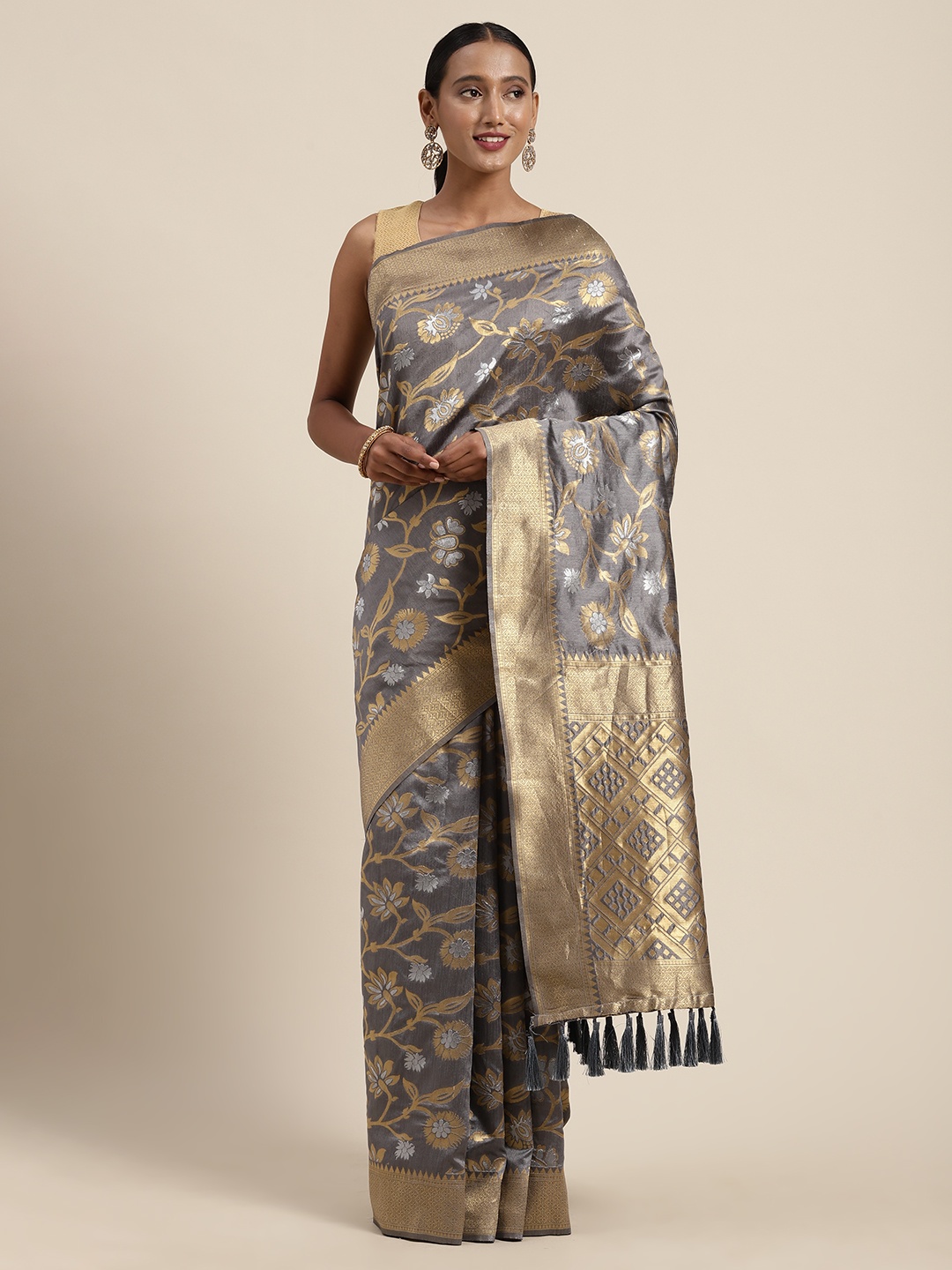 

VASTRANAND Grey & Golden Silk Blend Woven Design Banarasi Saree