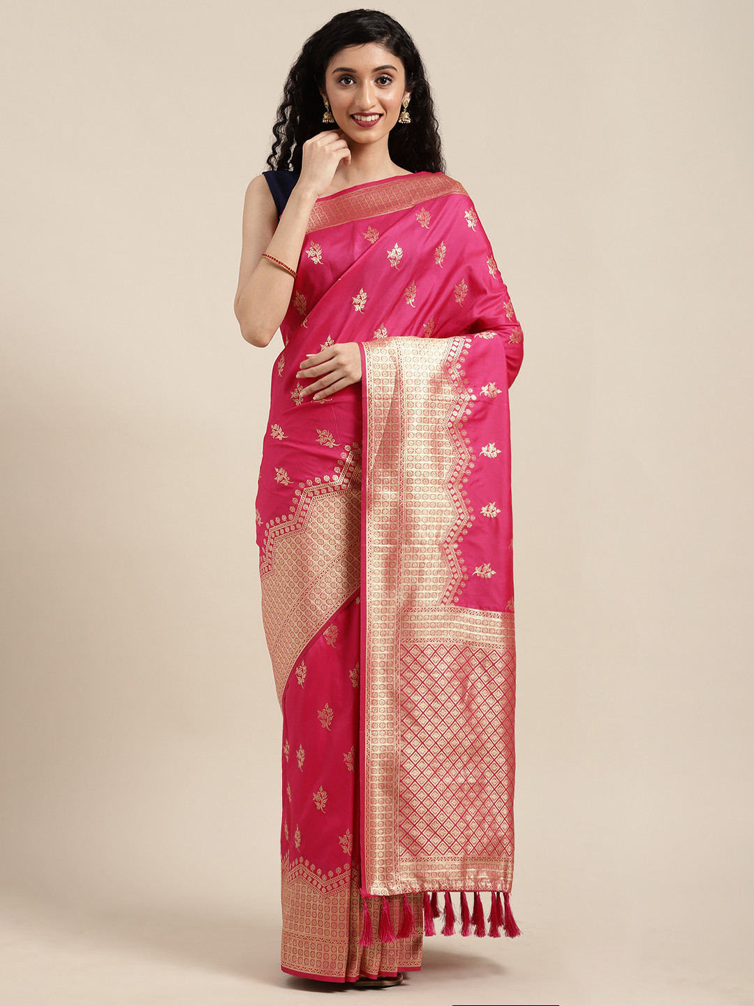 

VASTRANAND Pink & Gold-Toned Silk Blend Woven Design Banarasi Saree