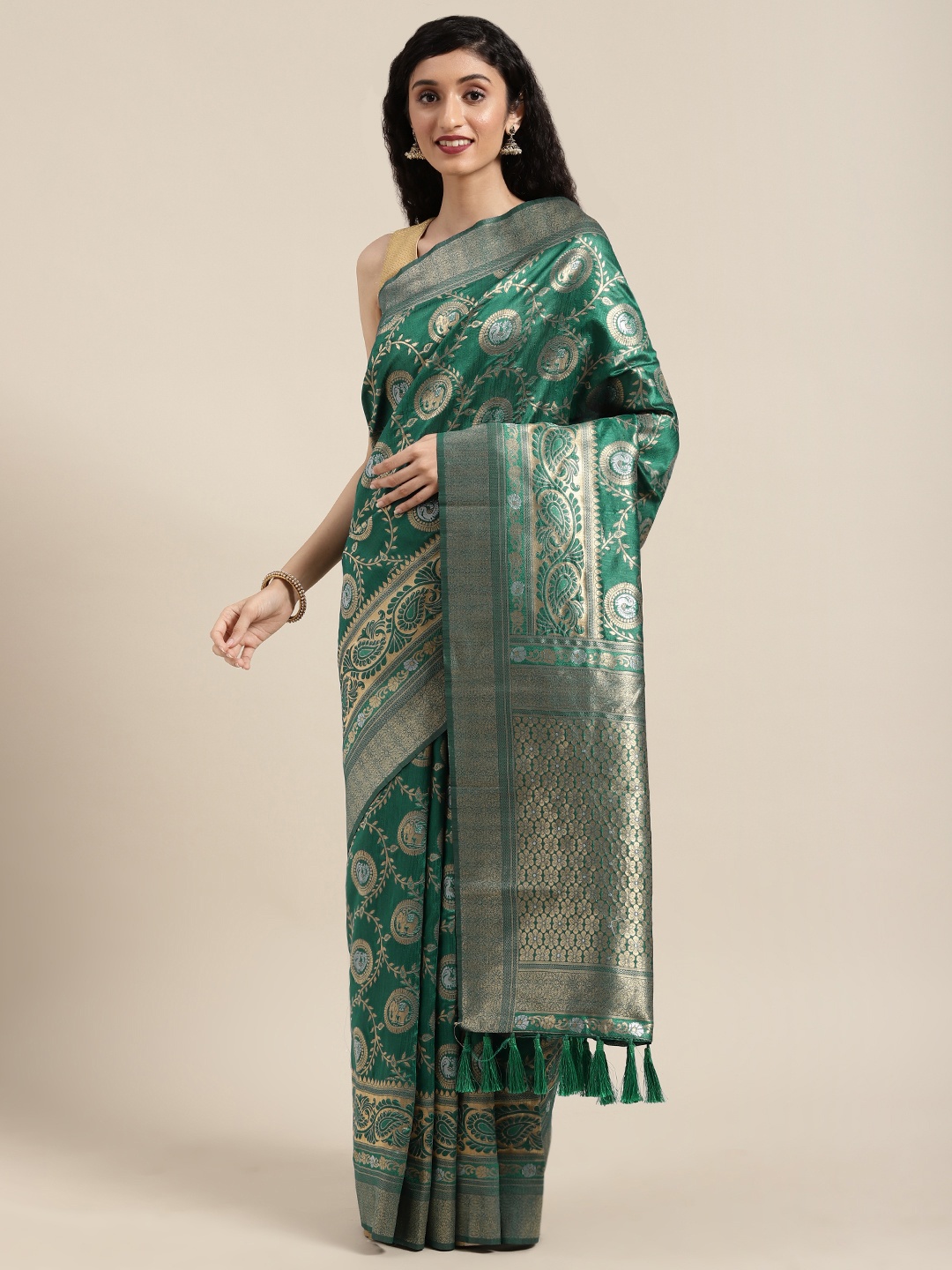 

VASTRANAND Green & Golden Silk Blend Woven Design Banarasi Saree