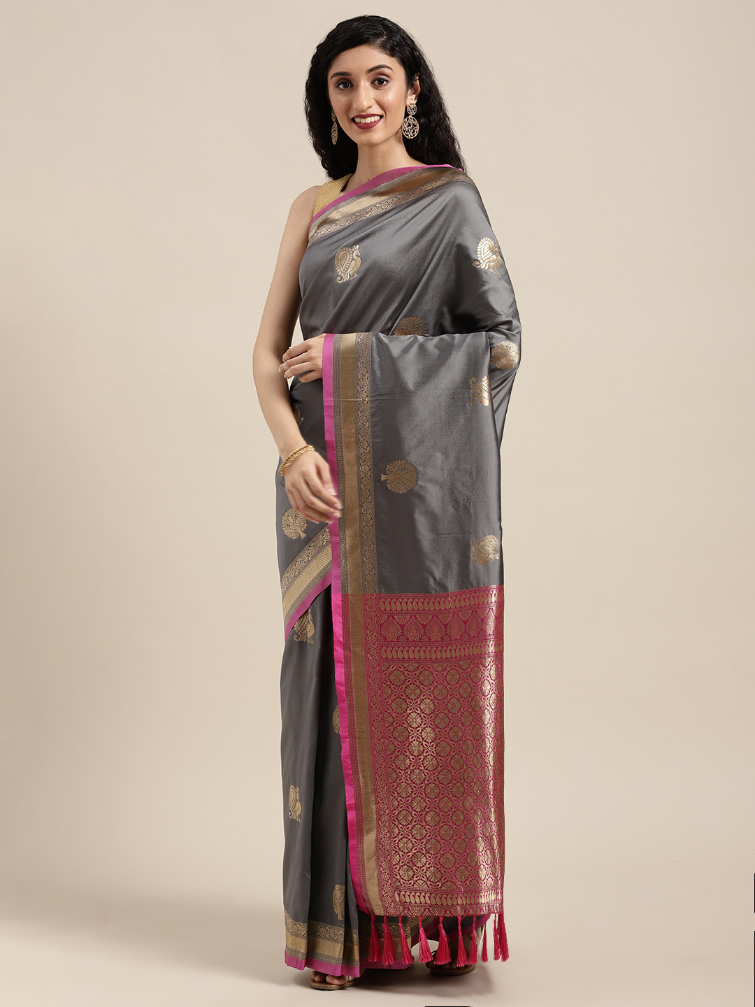 

VASTRANAND Grey & Gold-Toned Silk Blend Woven Design Banarasi Saree