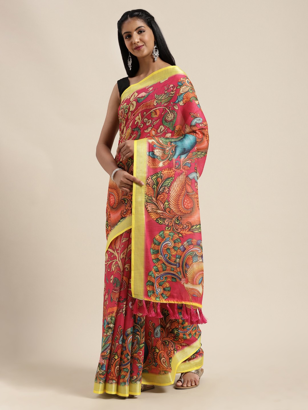 

VASTRANAND Pink & Rust Orange Linen Blend Kalamkari Printed Saree