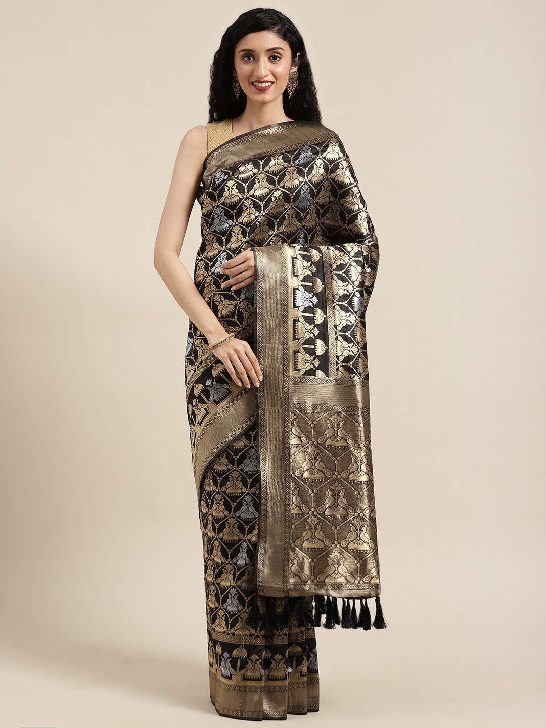

VASTRANAND Black & Gold-Toned Woven Design Banarasi Saree