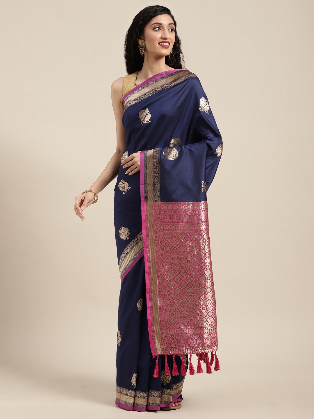 

VASTRANAND Navy Blue & Pink Silk Blend Woven Design Banarasi Saree
