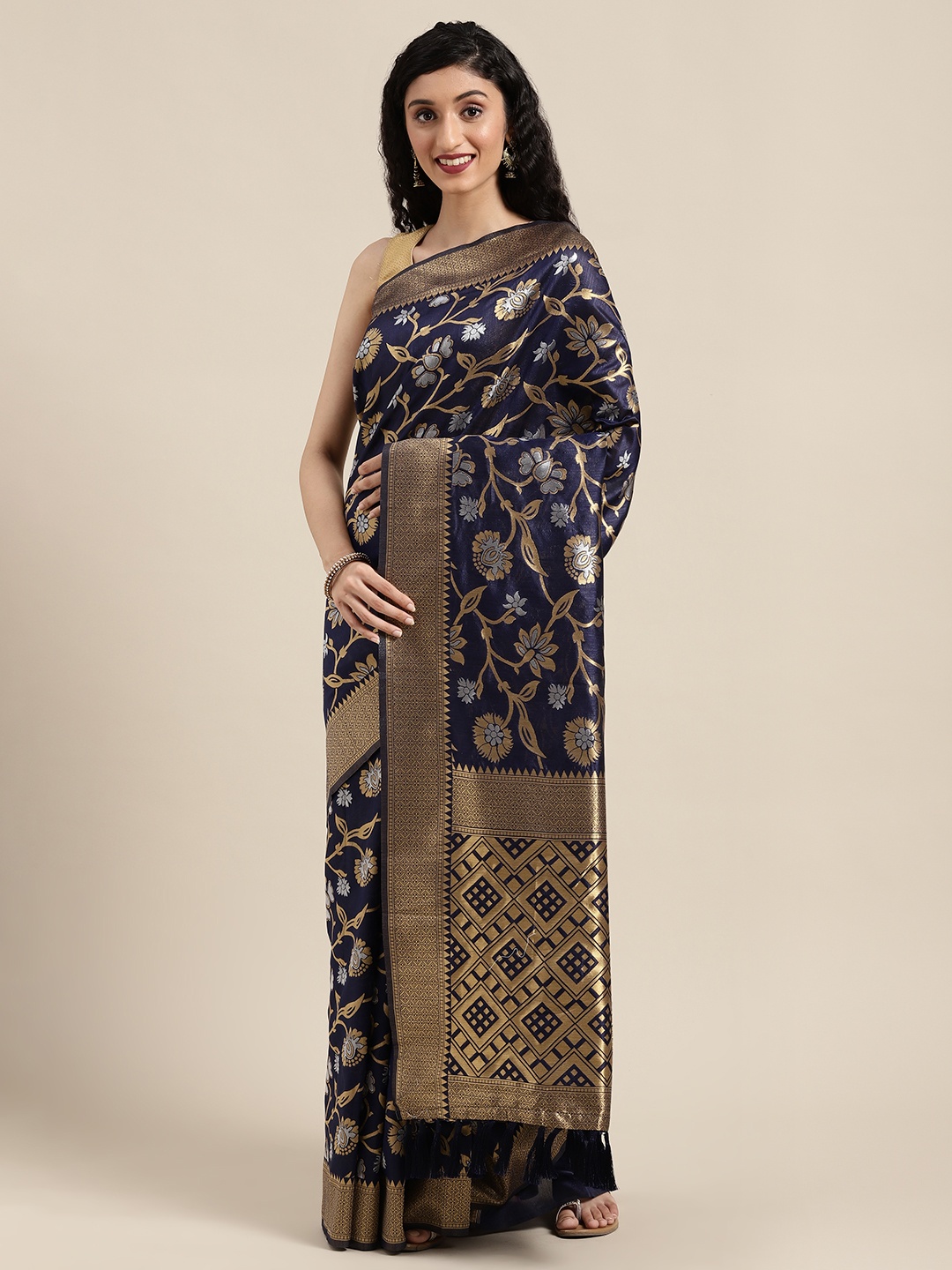 

VASTRANAND Navy Blue & Golden Silk Blend Woven Design Banarasi Saree
