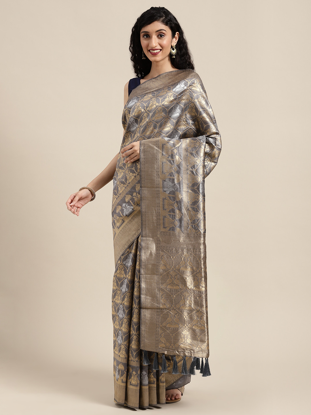 

VASTRANAND Grey & Gold-Coloured Woven Design Banarasi Saree