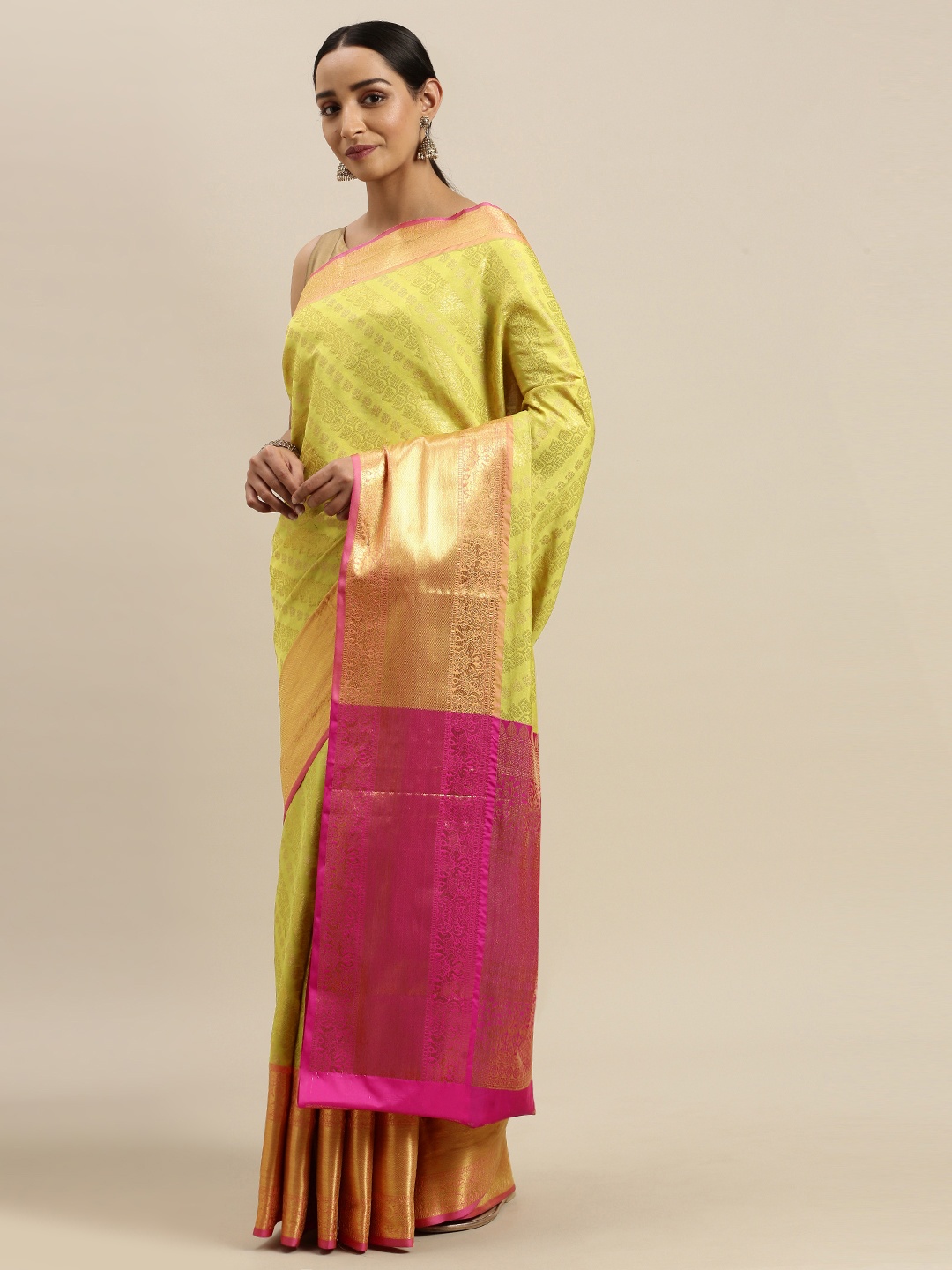 

VASTRANAND Lime Green & Golden Silk Blend Woven Design Banarasi Saree
