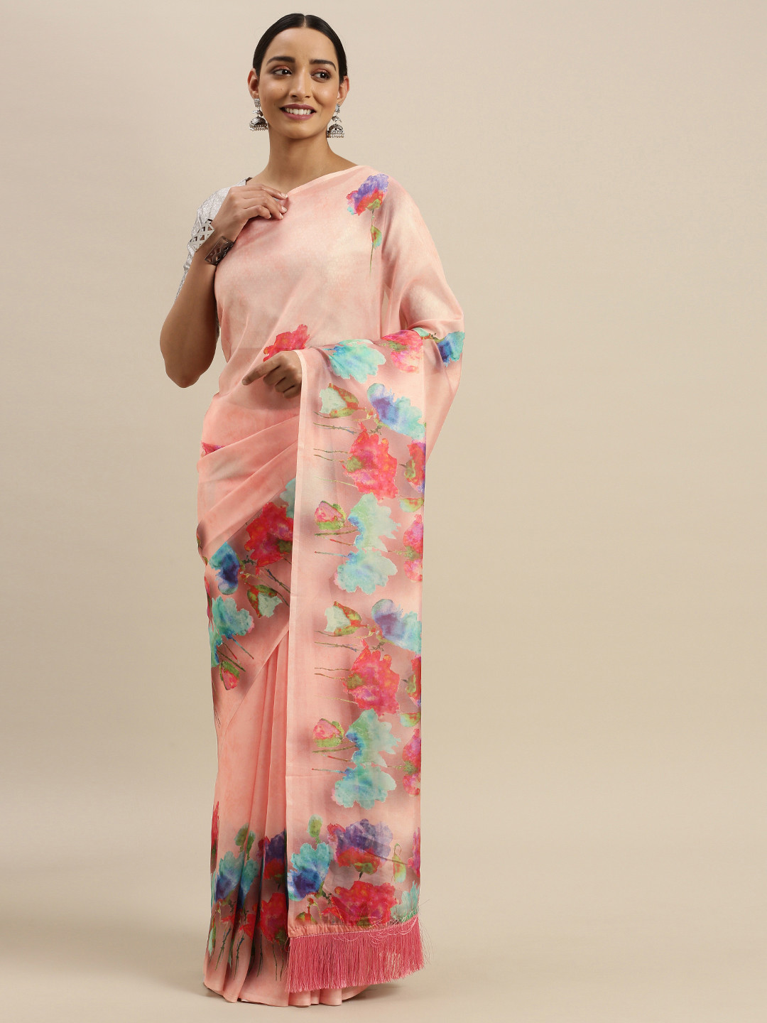 

VASTRANAND Peach-Coloured Floral Printed Pure Silk Saree