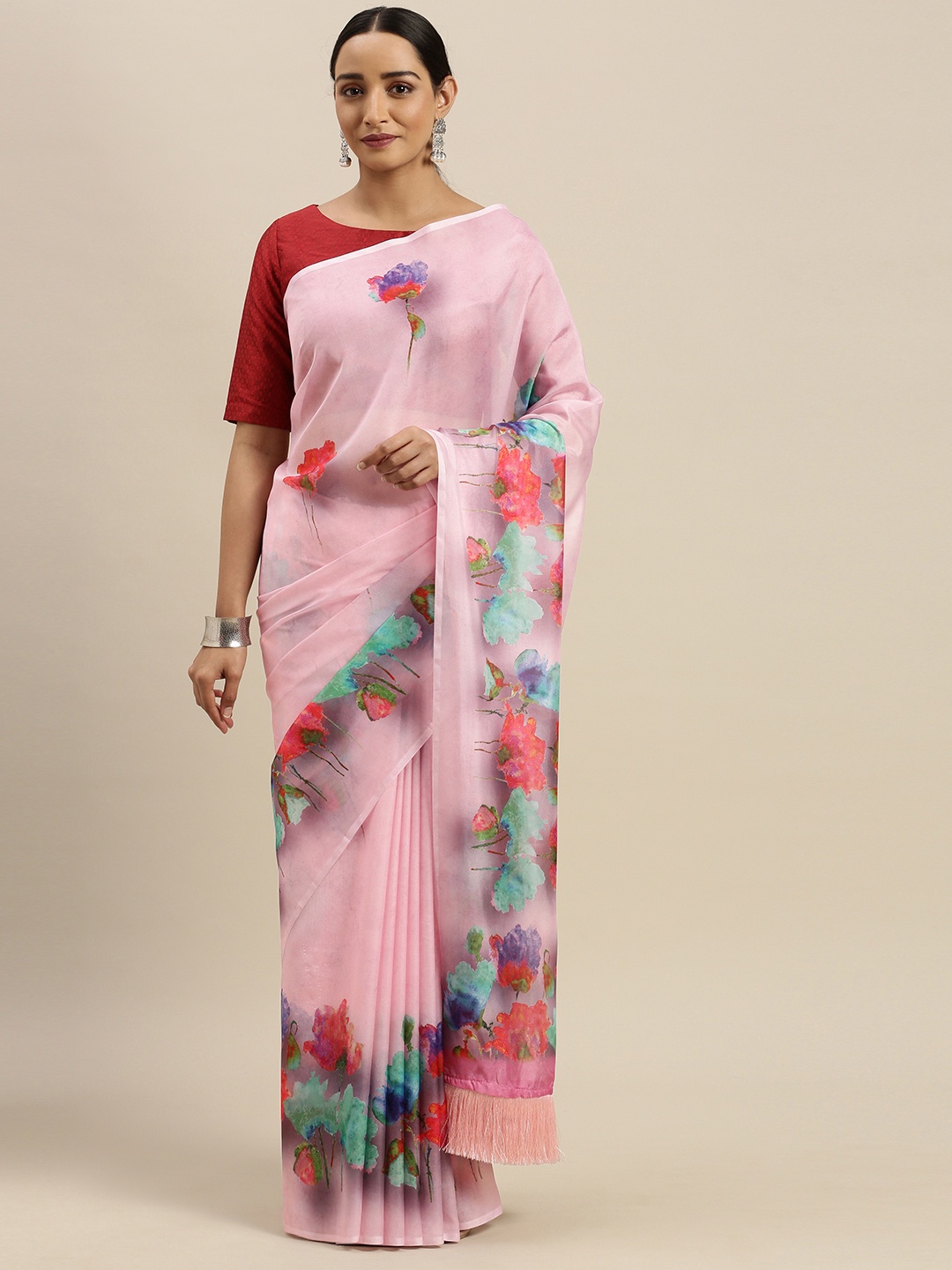 

VASTRANAND Pink & Red Pure Silk Floral Printed Saree