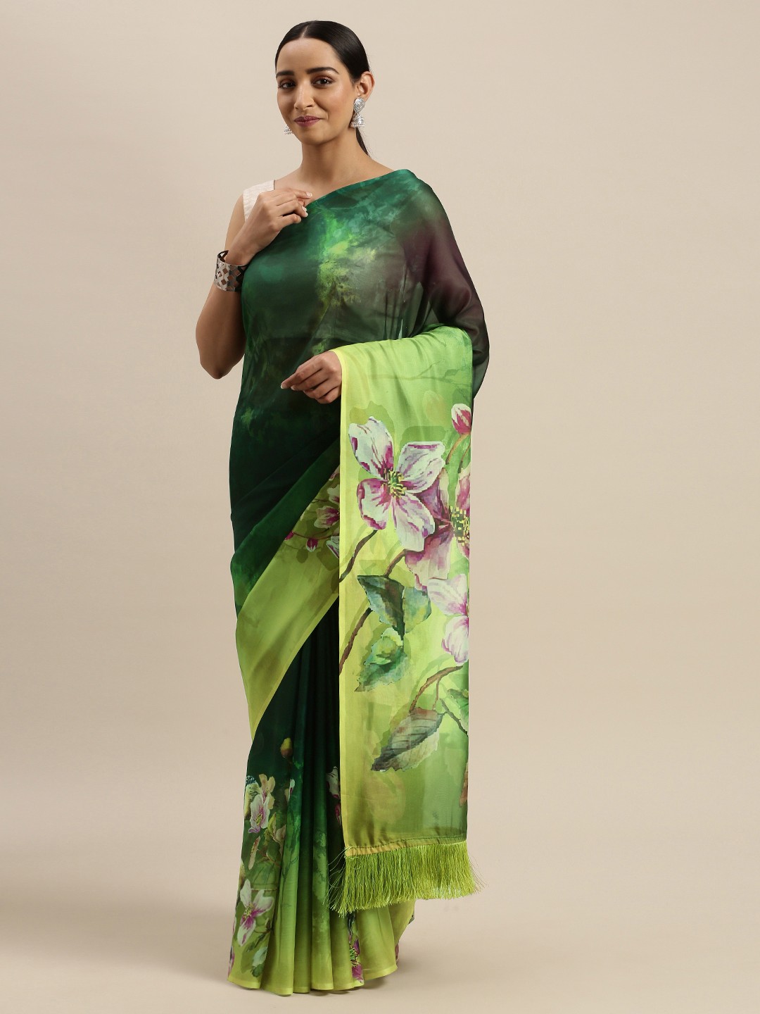 

VASTRANAND Green & Pink Pure Silk Floral Printed Saree