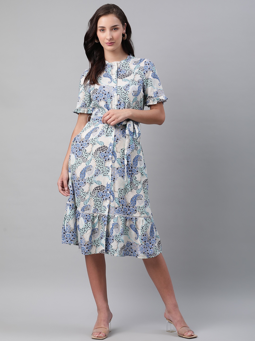 

Marks & Spencer Women Blue & White Linen Paisley Printed Dobby Weave A-Line Dress