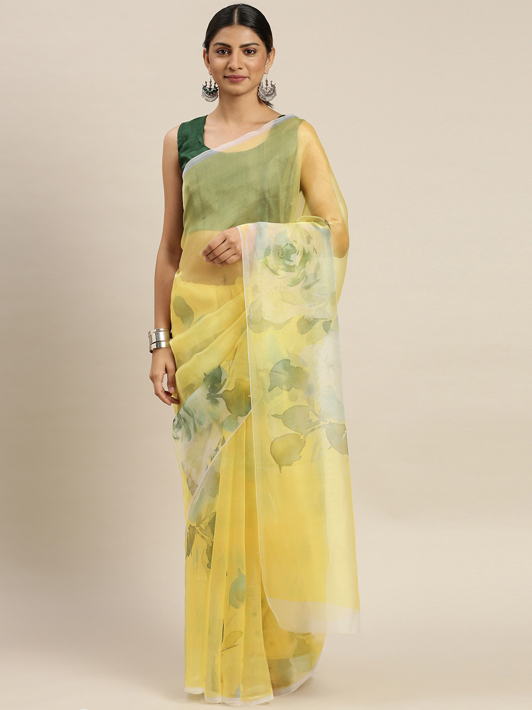 

Om Shantam Sarees Yellow & Green Organza Floral Printed Saree