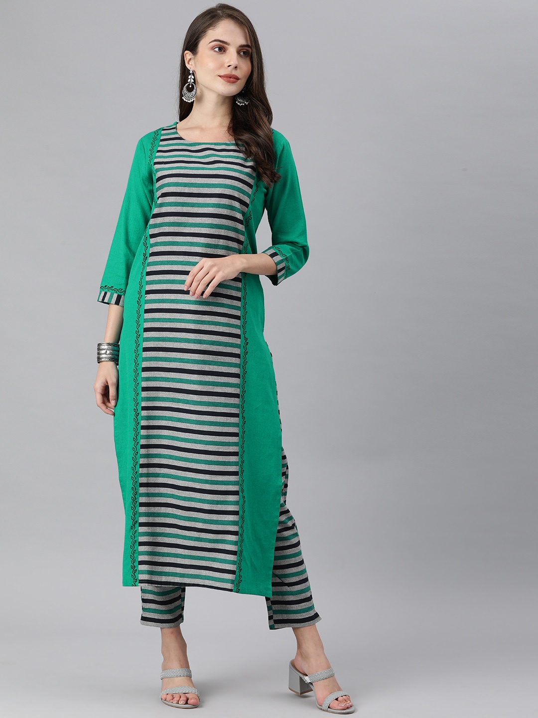 

KSUT Women Green & Grey Striped Kurta with Trousers