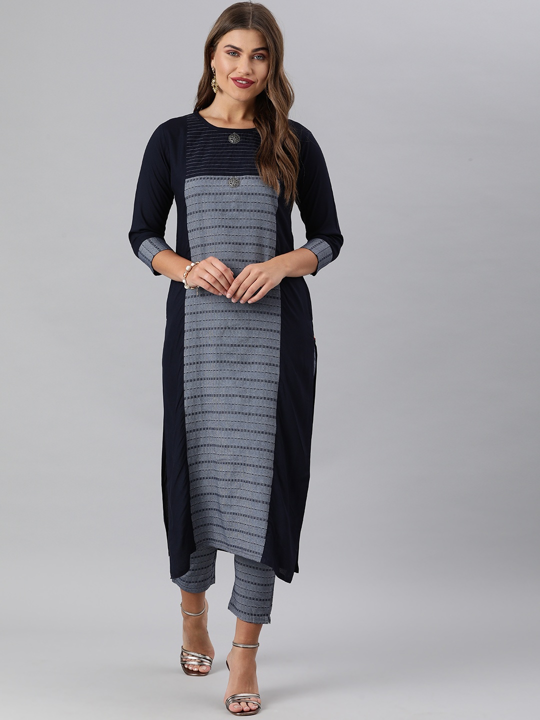 

KSUT Women Navy Blue Woven Design Kurta with Trousers