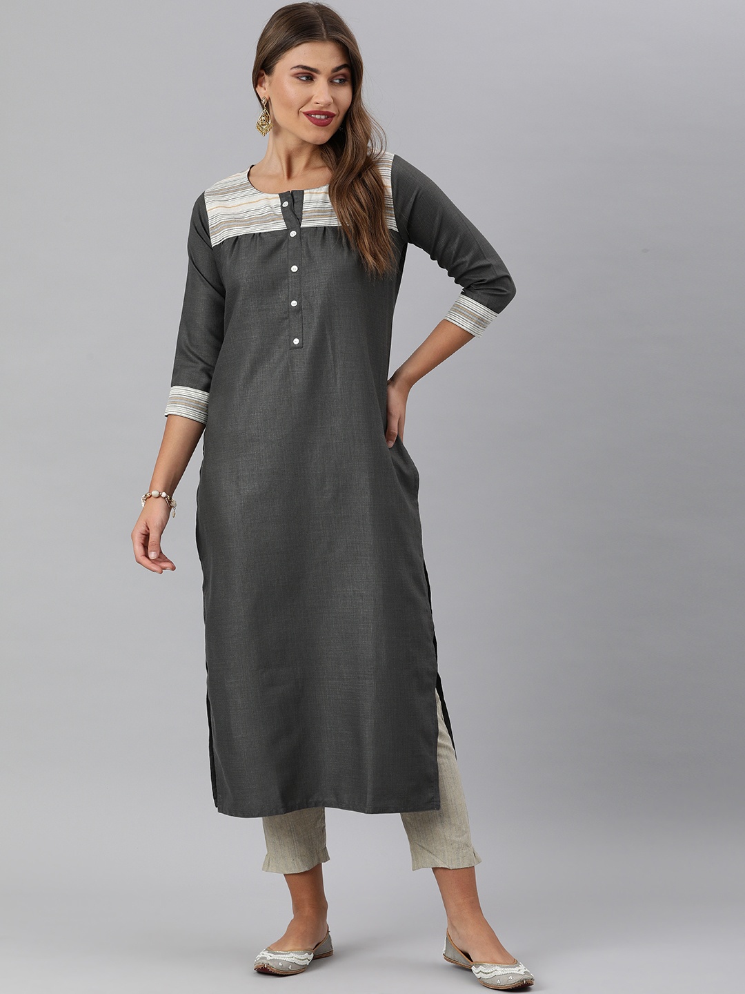 

Ksut Women Grey & Off White Woven Design Kurta
