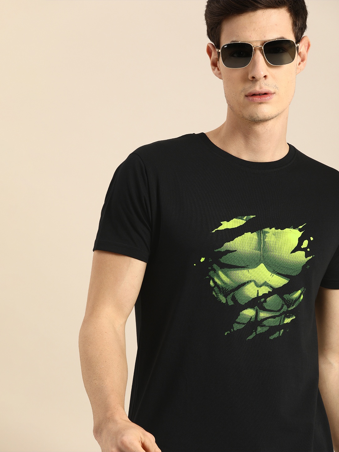

Bewakoof Men Black Hulk Printed Round Neck Pure Cotton T-shirt
